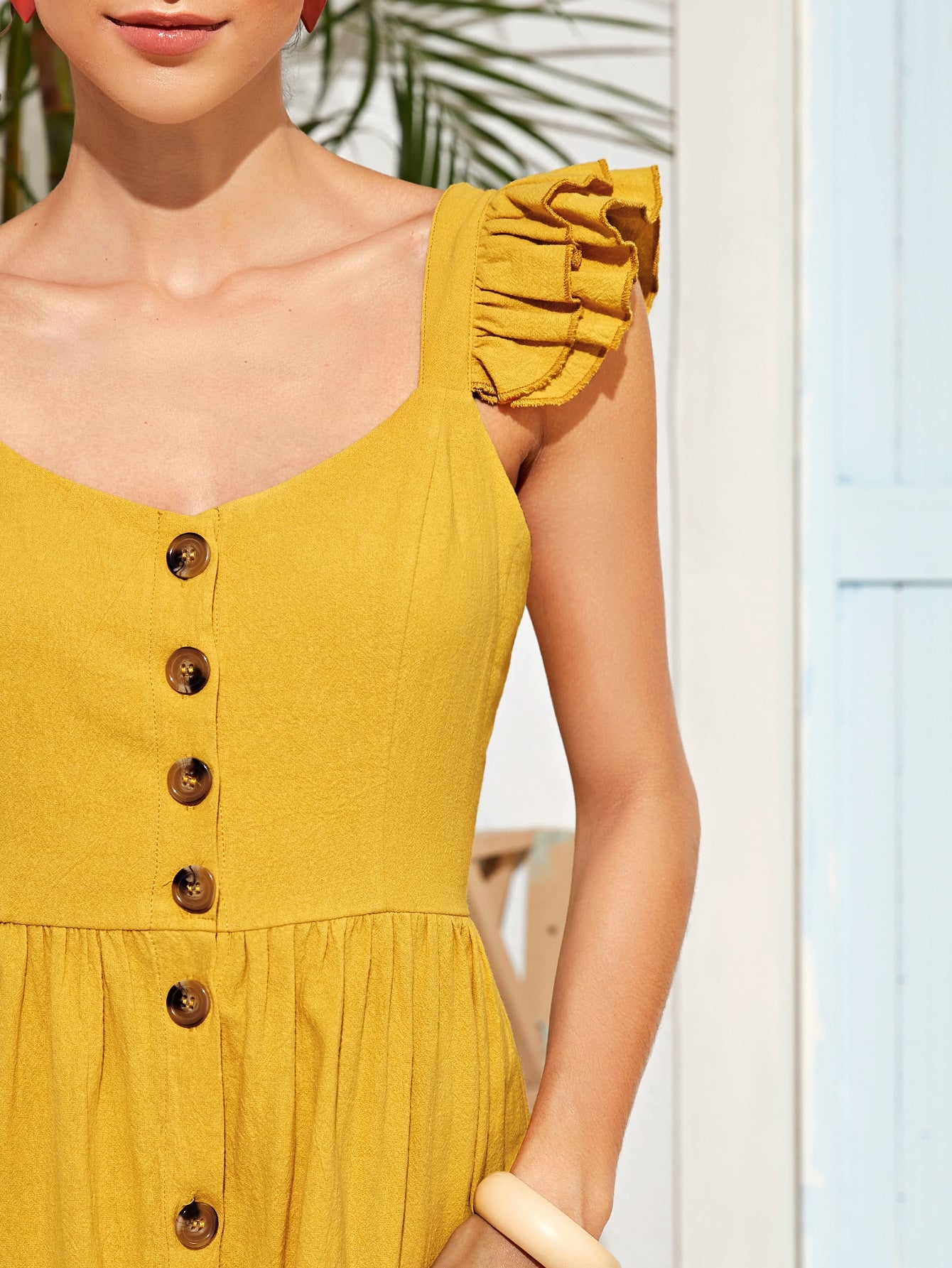 Button Front Ruffle Cuff Shirred Back Dress