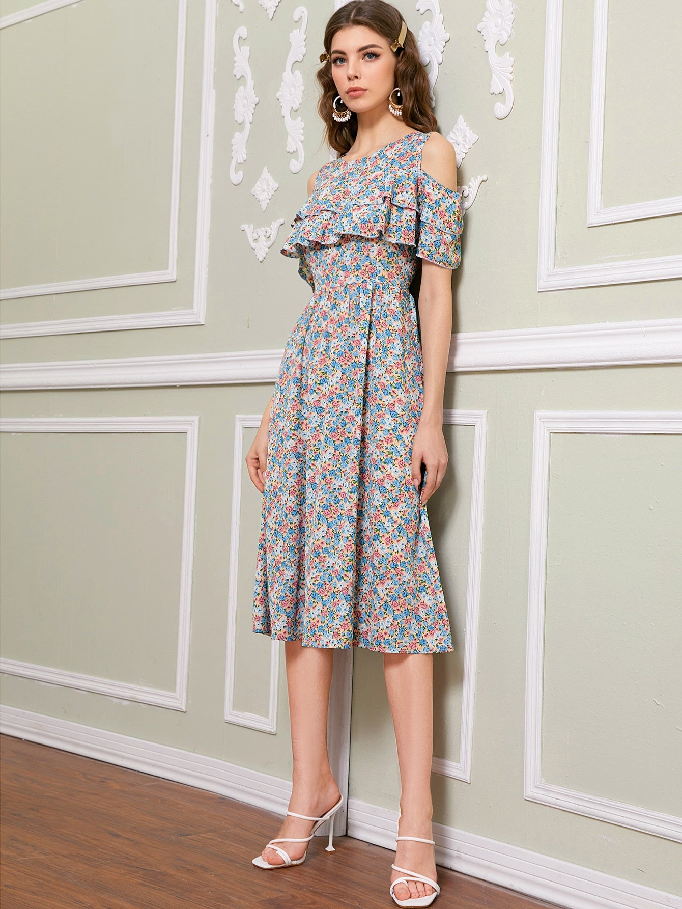 Floral Print Cold Shoulder Dress