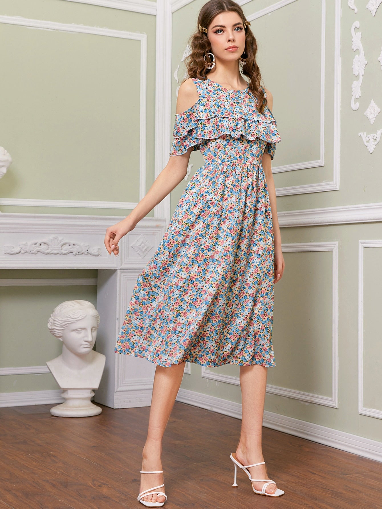 Floral Print Cold Shoulder Dress