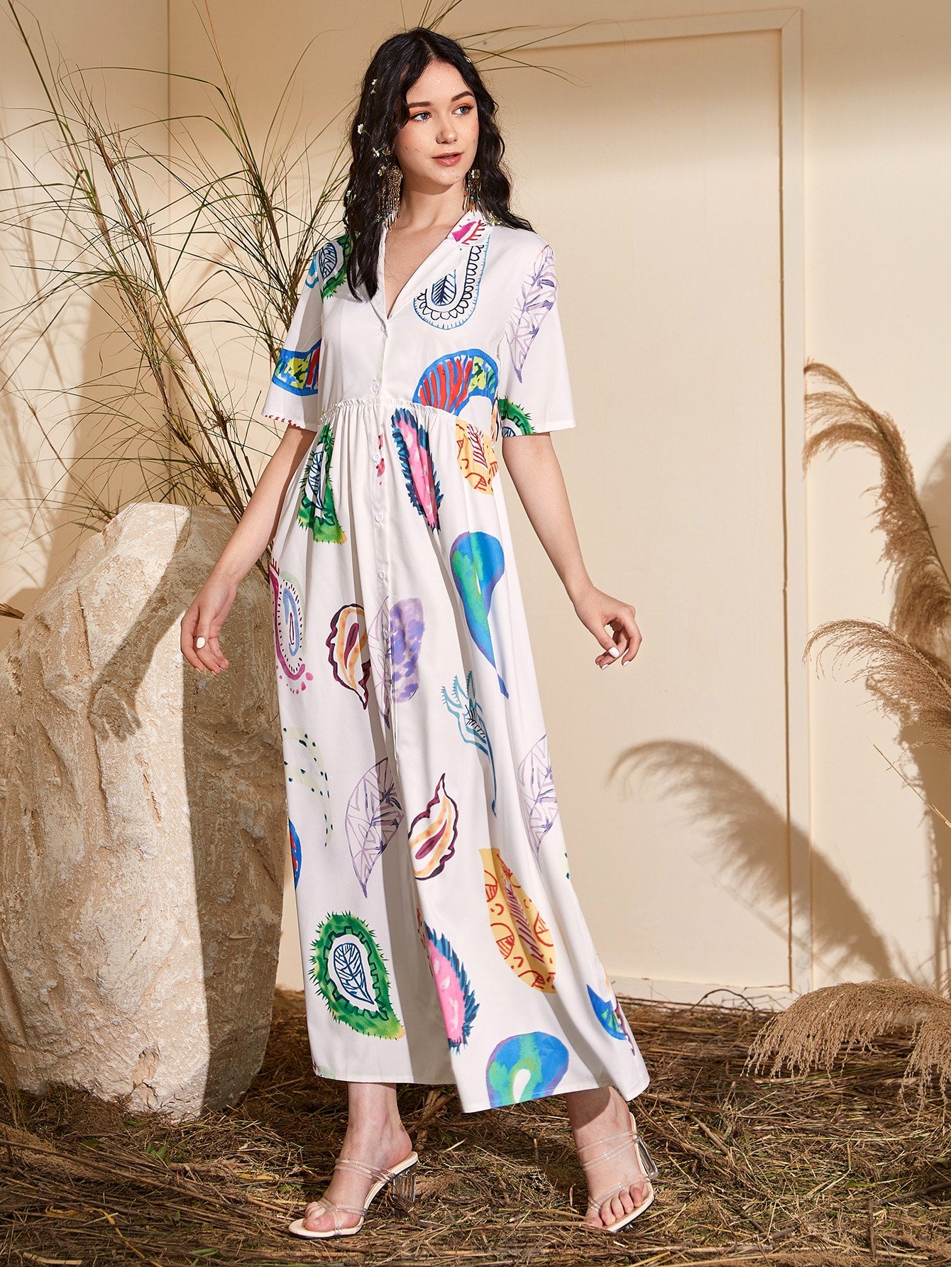 Paisley Print Lapel Collar Button Front Shirt Dress