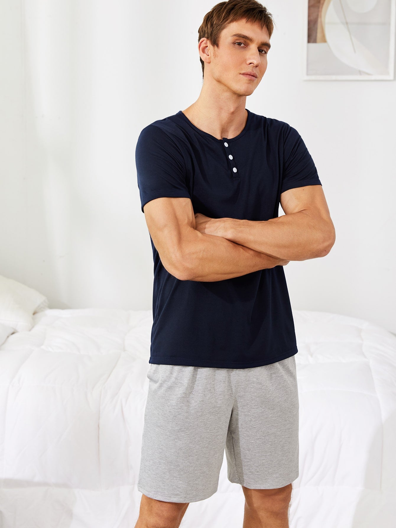 Men Half Placket Tee & Shorts PJ Set