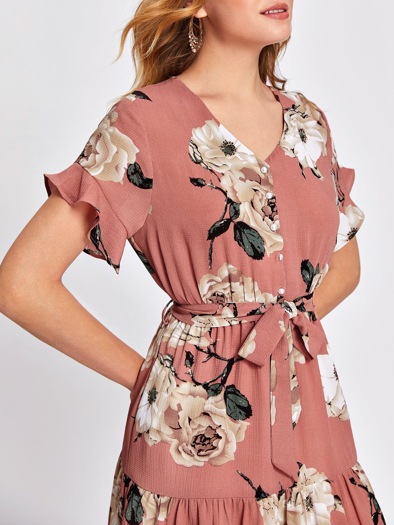 Button Front Ruffle Hem Belted Floral Dress