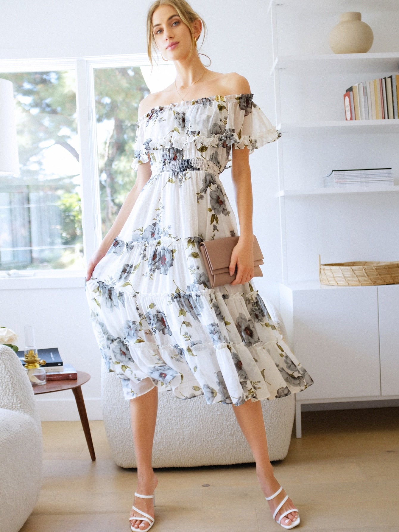 Flounce Off Shoulder Shirred Waist Tiered Floral Dress