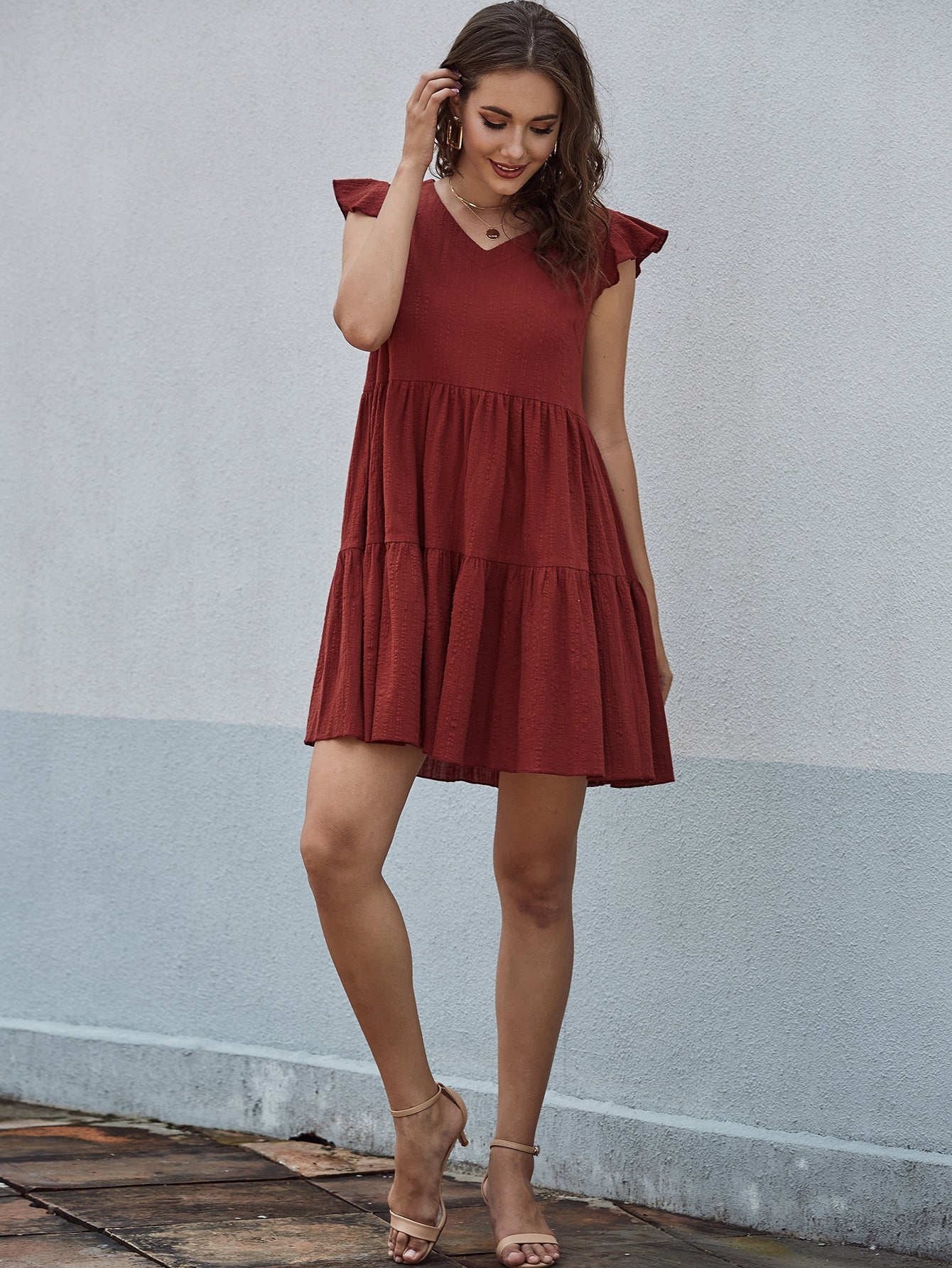 Ruffle Hem Solid Smock Dress