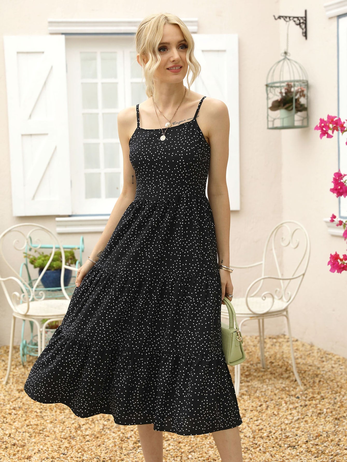 Polka Dot Ruffle Hem Cami Dress