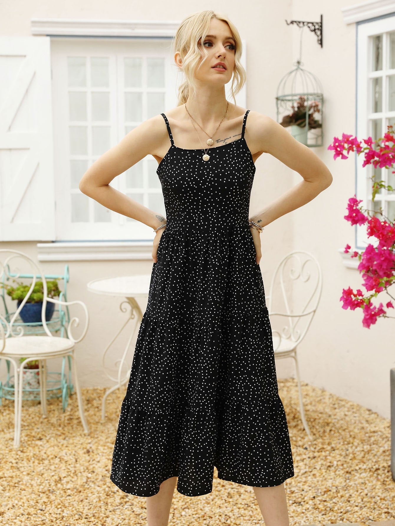 Polka Dot Ruffle Hem Cami Dress