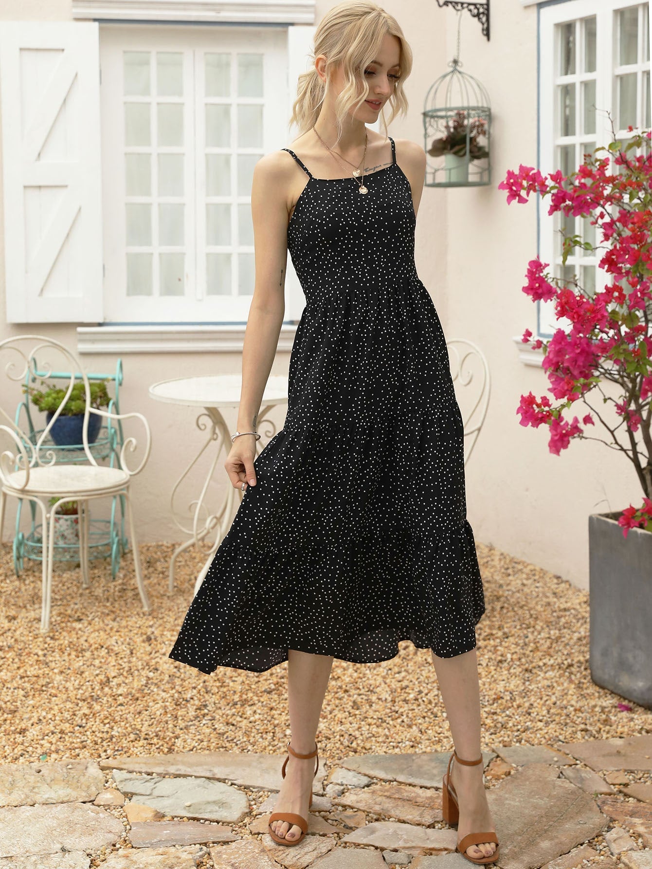 Polka Dot Ruffle Hem Cami Dress