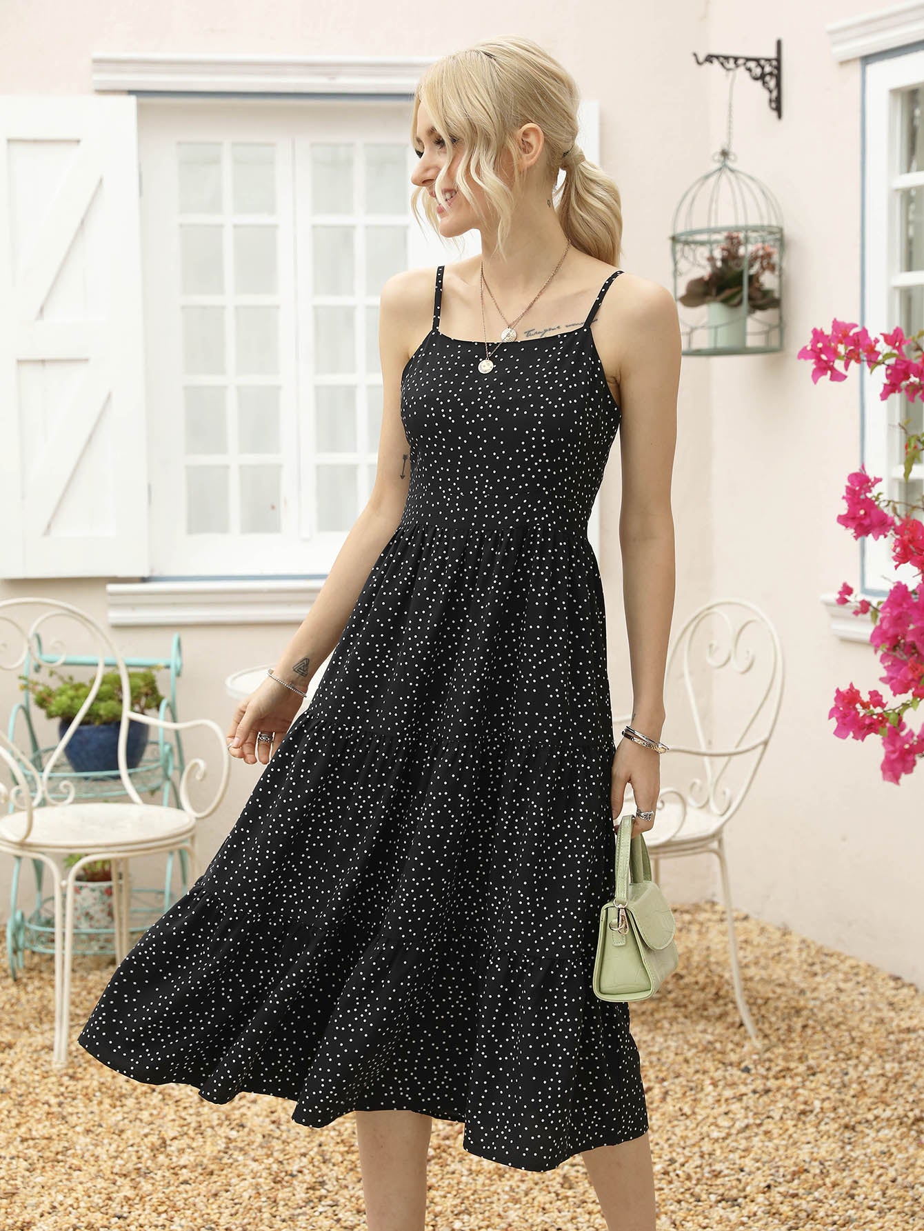 Polka Dot Ruffle Hem Cami Dress