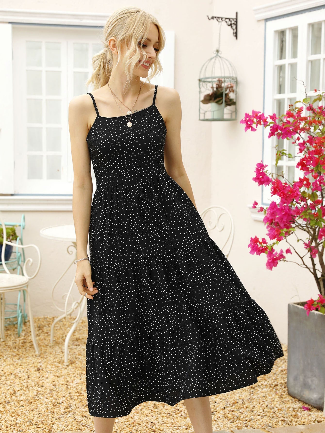 Polka Dot Ruffle Hem Cami Dress