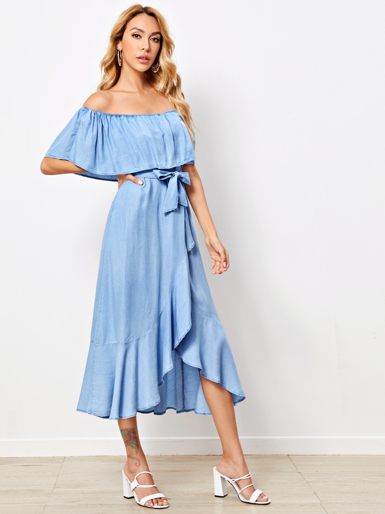 Foldover Belted Ruffle Wrap Bardot Denim Dress
