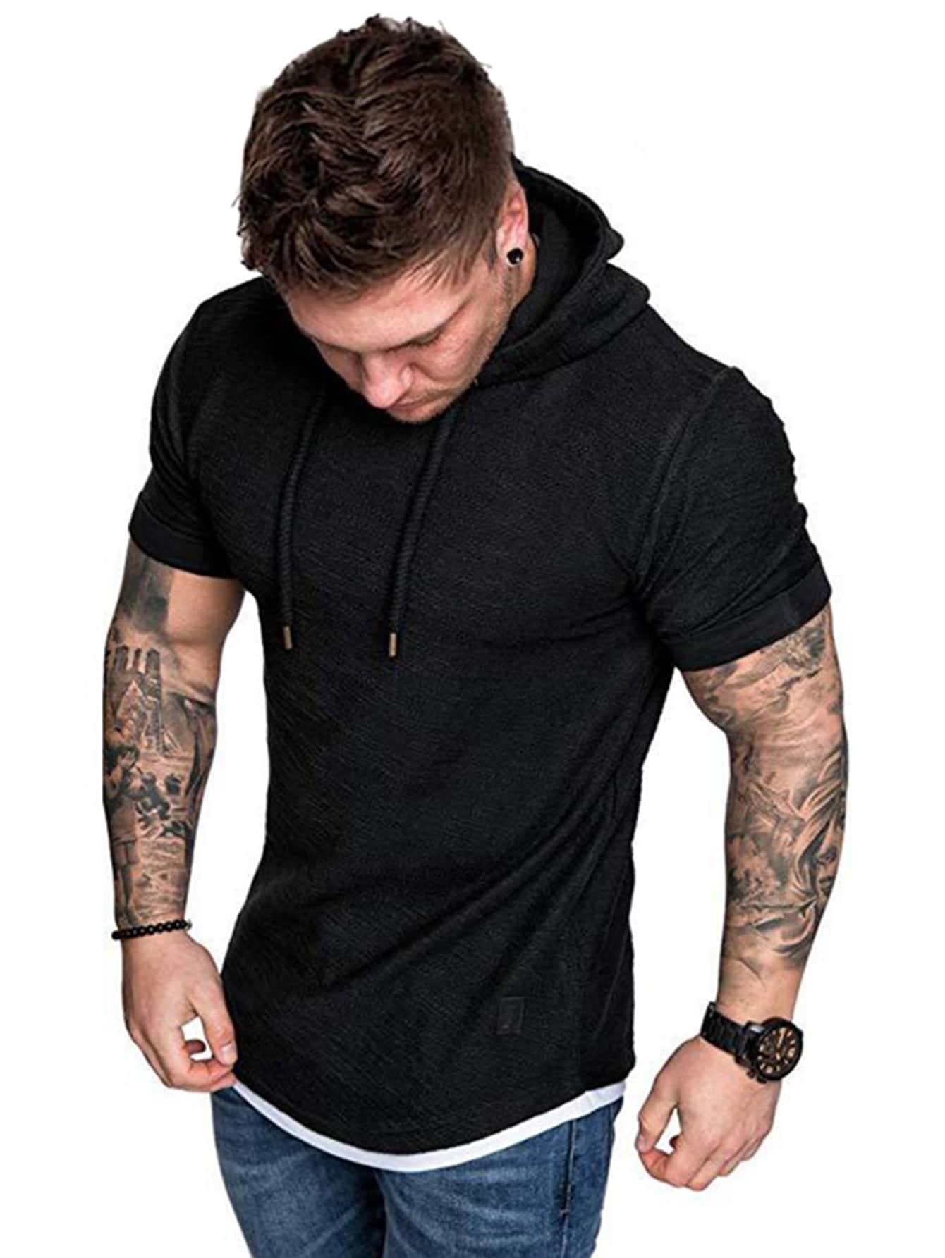 Men Contrast Binding Drawstring Hooded Tee