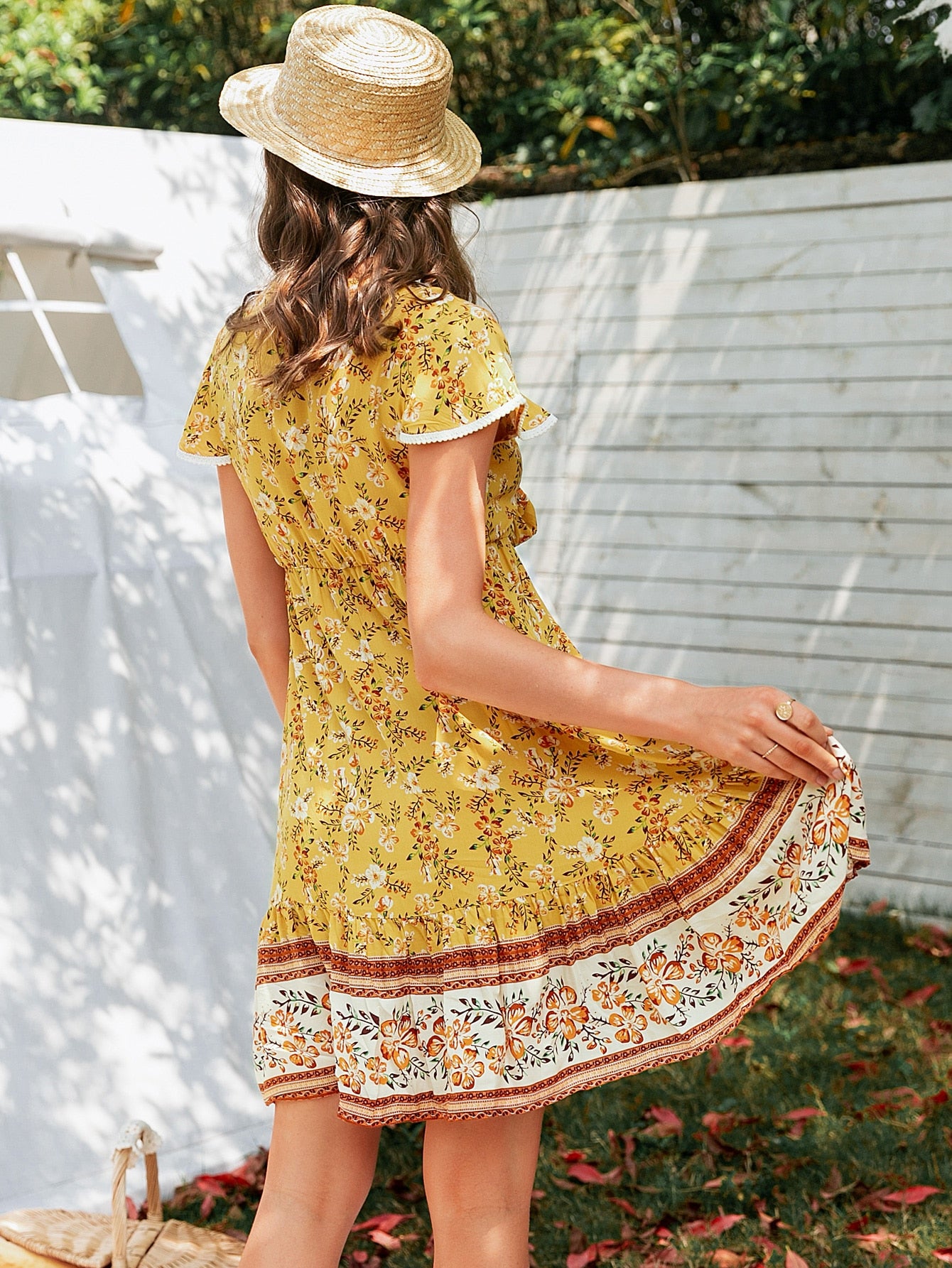 Tie Front Lace Trim Ruffle Hem Floral Dress