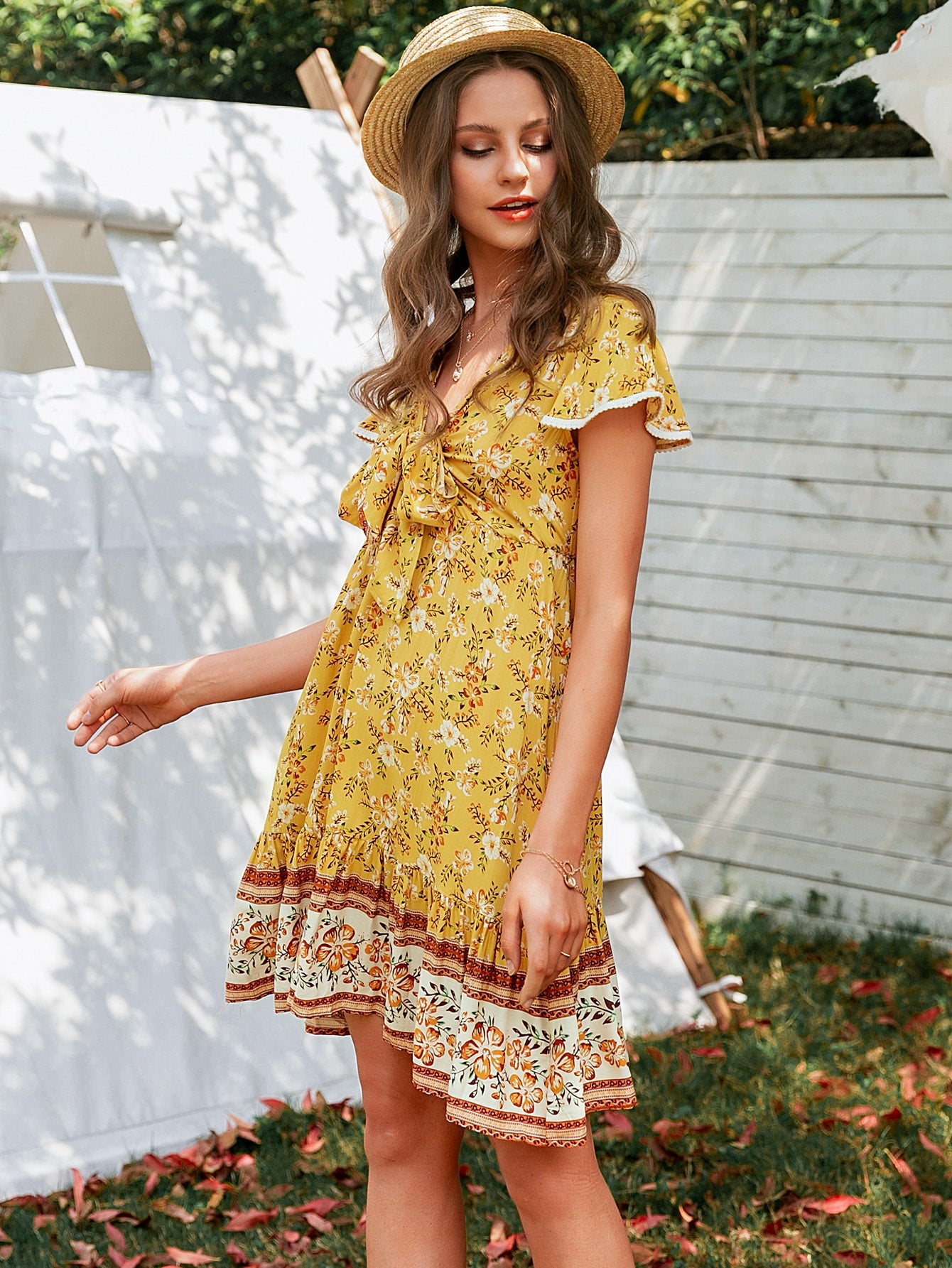 Tie Front Lace Trim Ruffle Hem Floral Dress