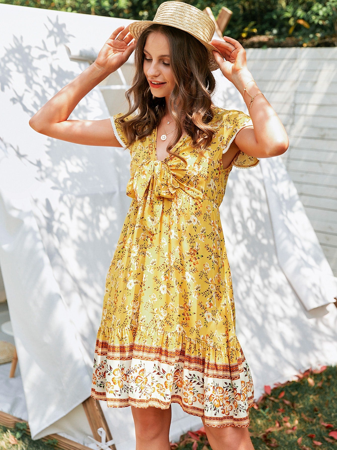 Tie Front Lace Trim Ruffle Hem Floral Dress