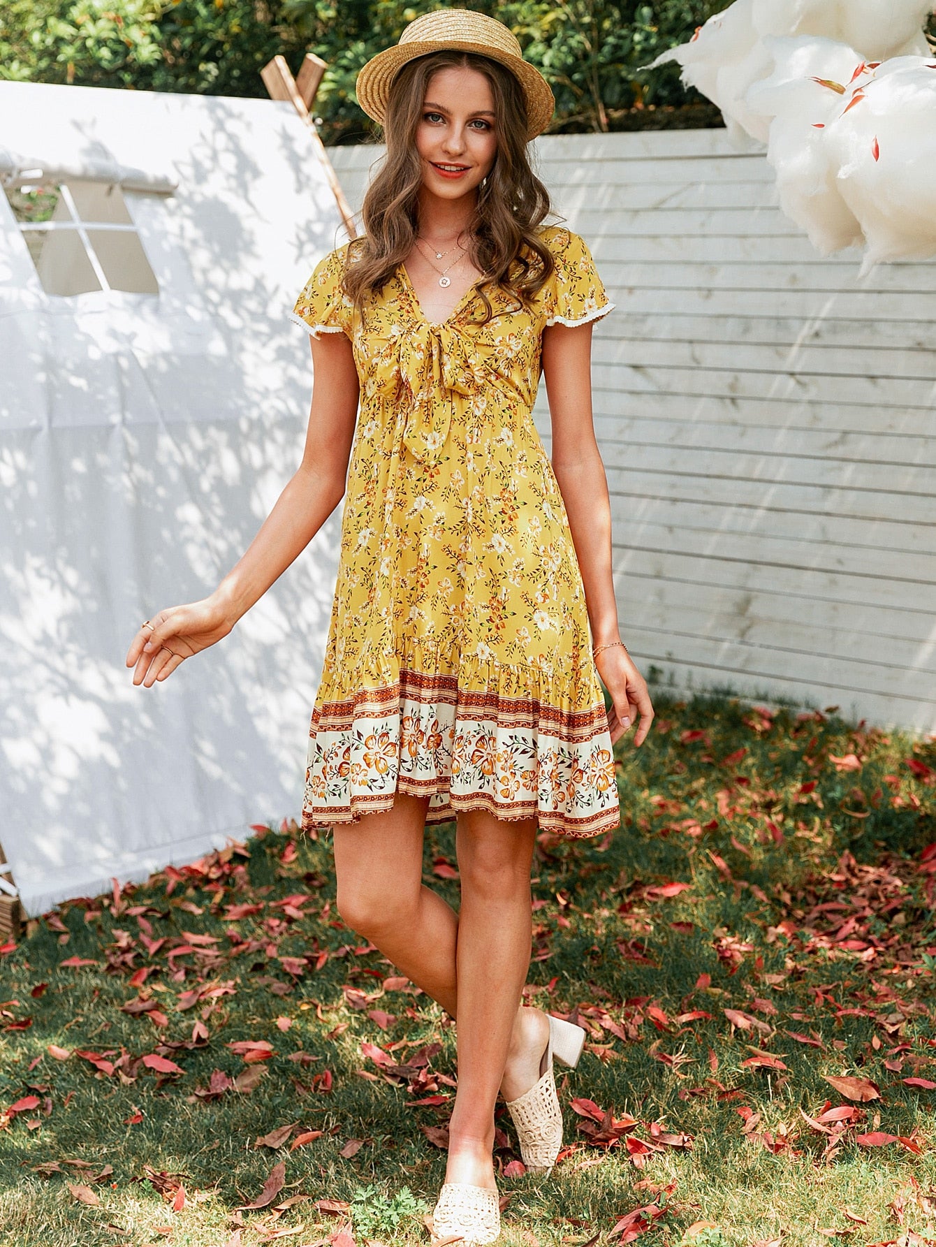Tie Front Lace Trim Ruffle Hem Floral Dress