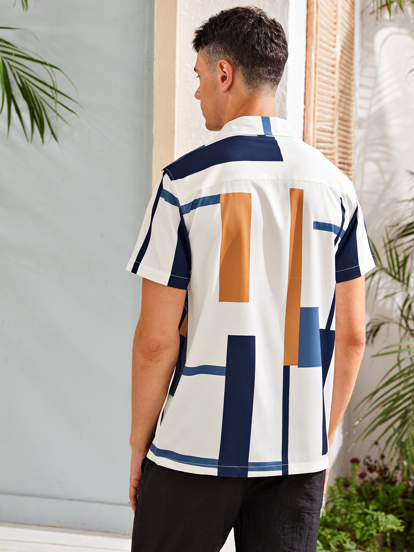 Men Colorblock Geo Print Button Up Shirt