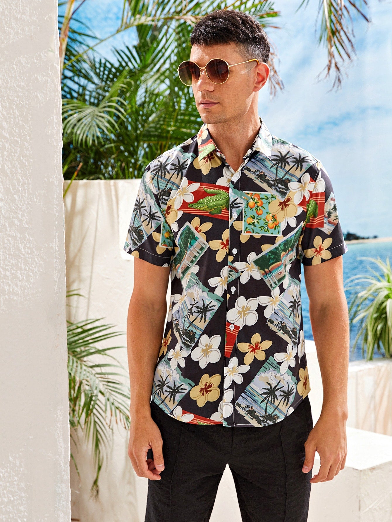 Men Tropical Floral Button Up Shirt