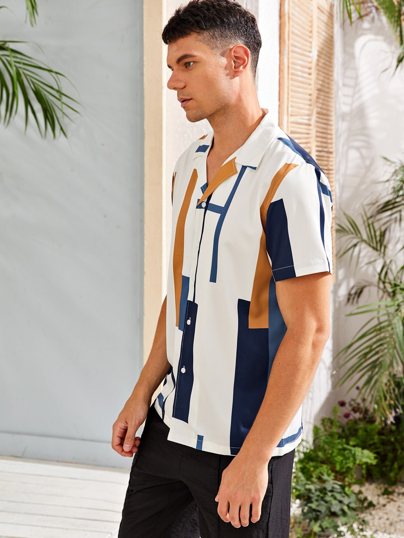 Men Colorblock Geo Print Button Up Shirt