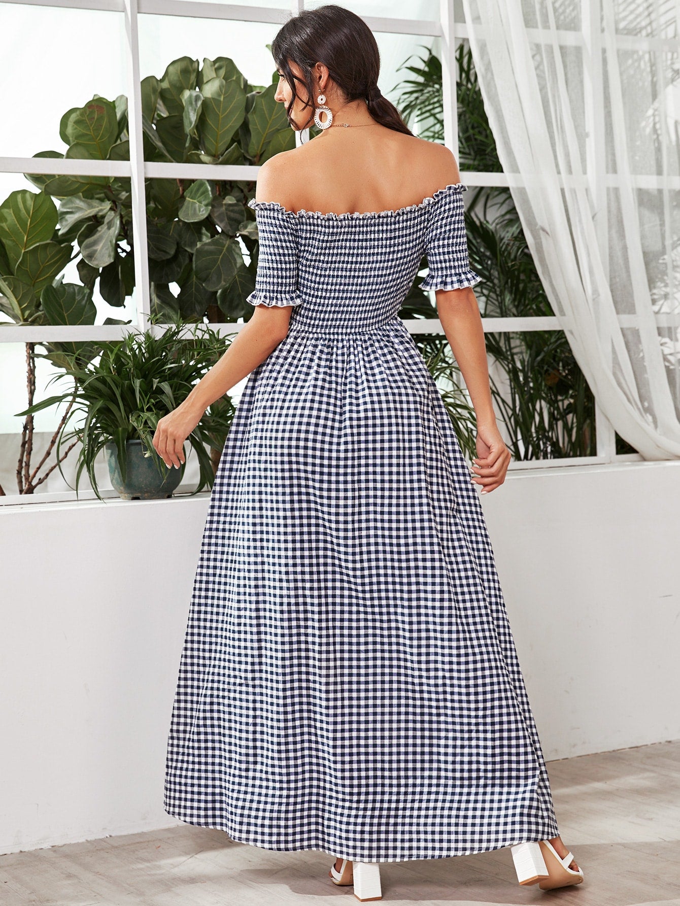 Frill Trim Shirred Bodice Split Thigh Gingham Dress