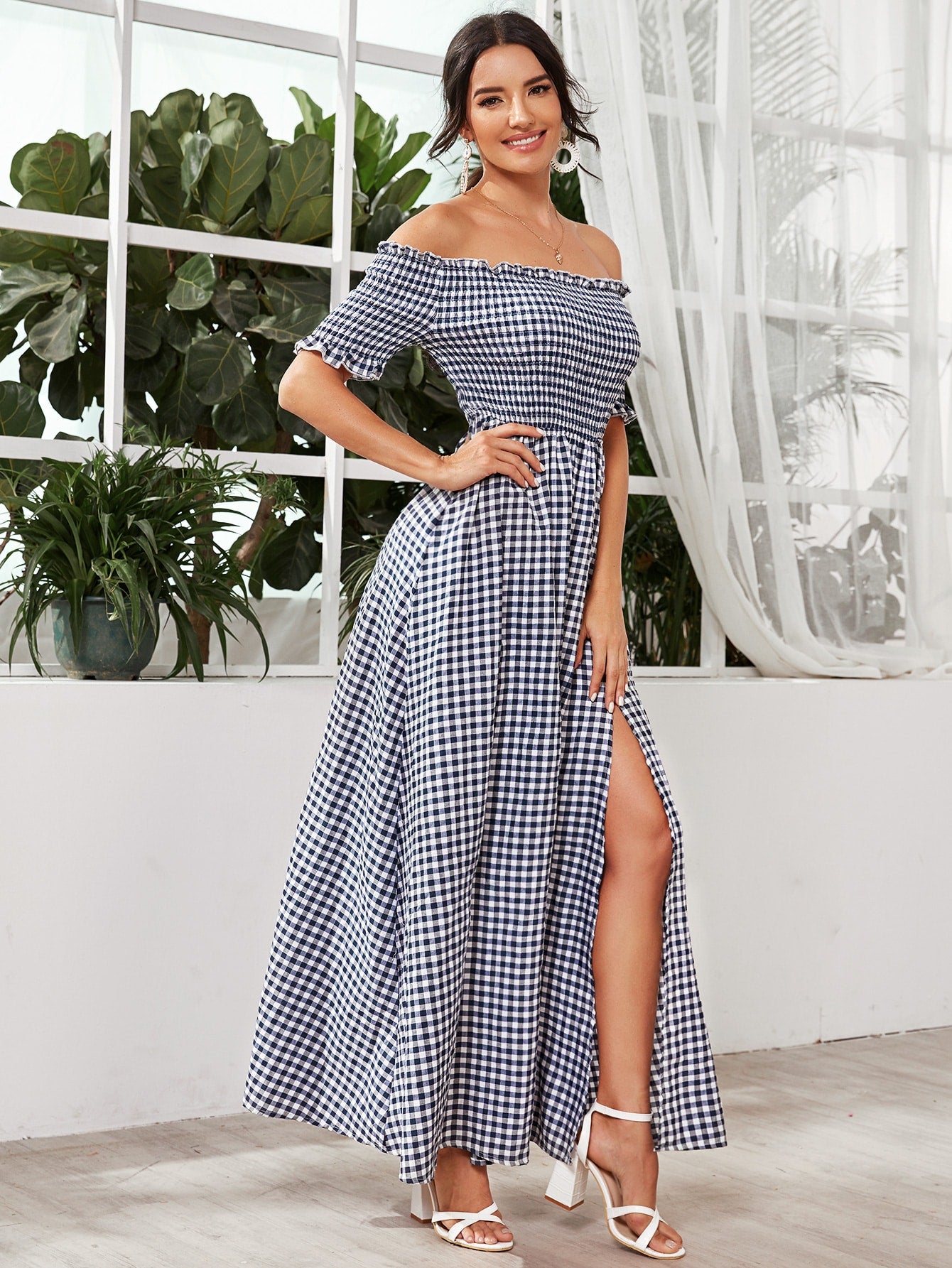 Frill Trim Shirred Bodice Split Thigh Gingham Dress