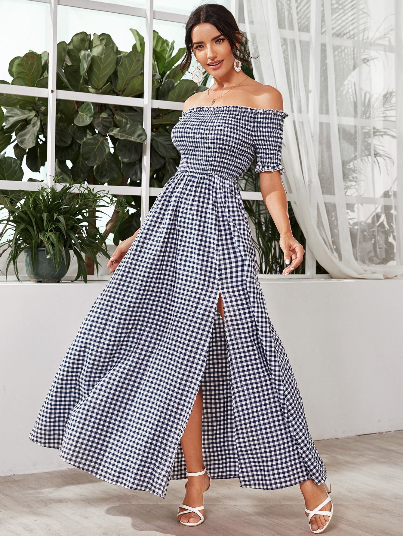 Frill Trim Shirred Bodice Split Thigh Gingham Dress