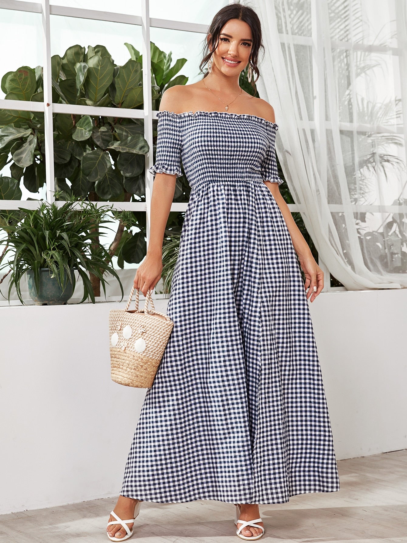 Frill Trim Shirred Bodice Split Thigh Gingham Dress