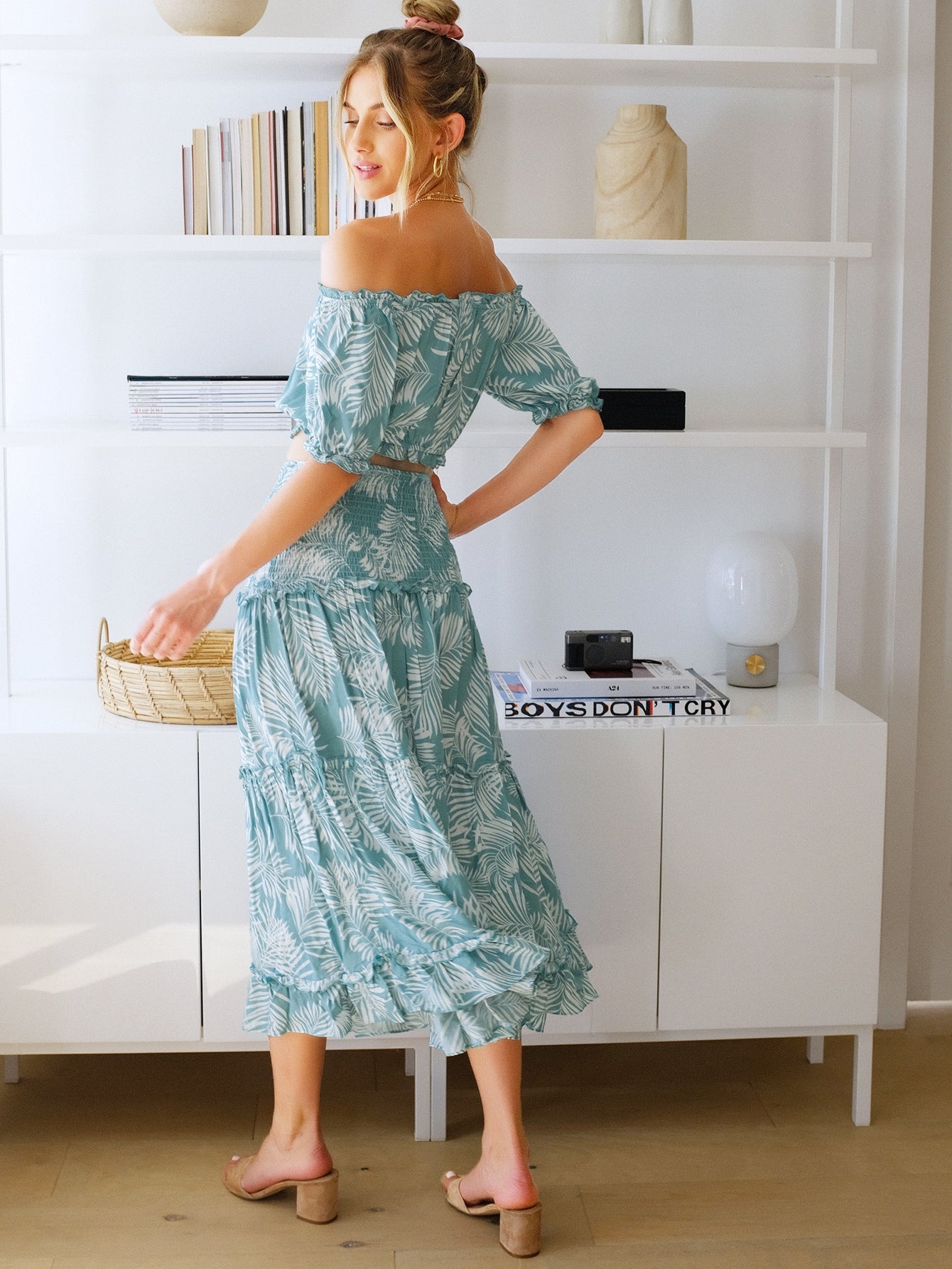 Off Shoulder Tassel Detail Crop Top & Shirred Panel Skirt Set