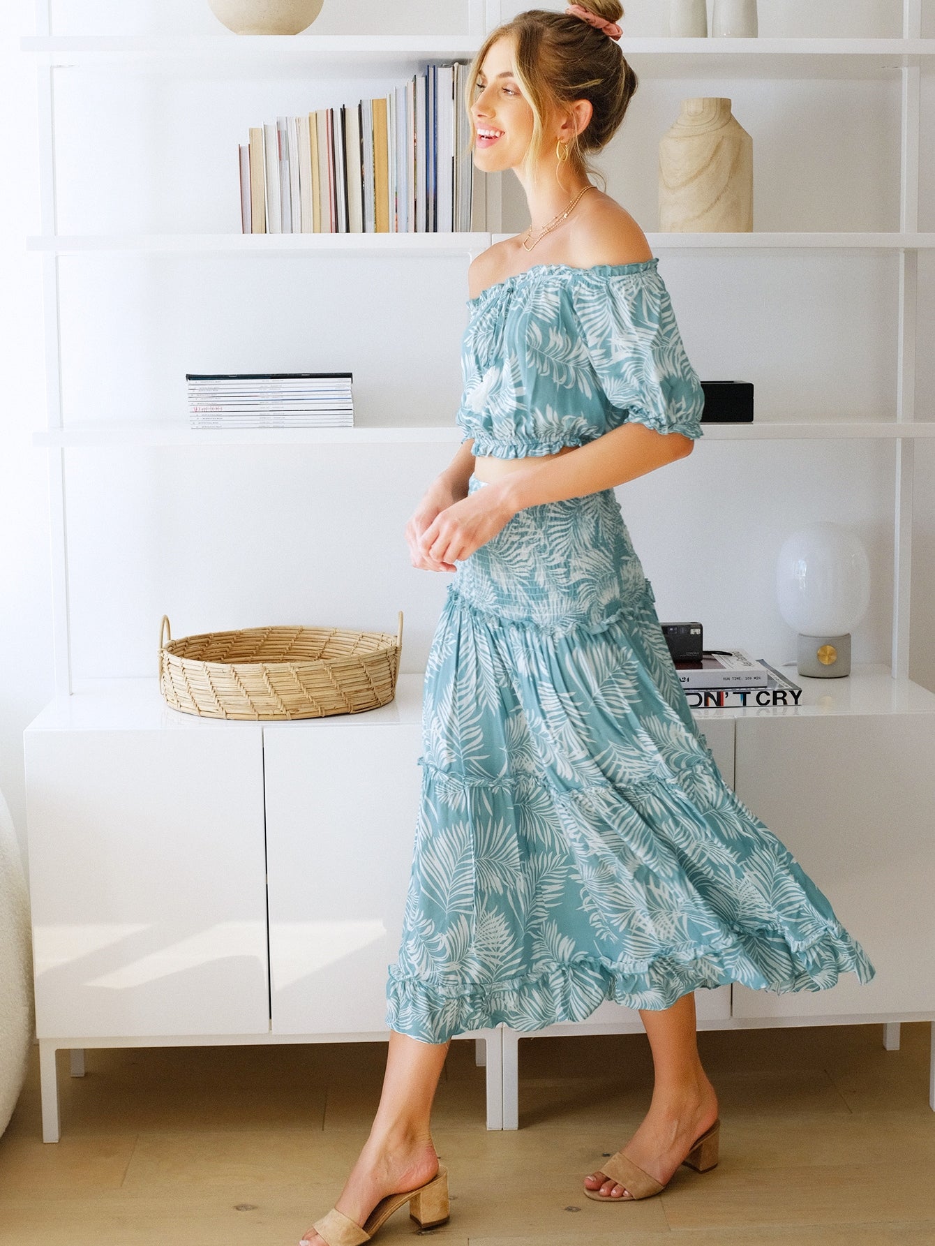 Off Shoulder Tassel Detail Crop Top & Shirred Panel Skirt Set