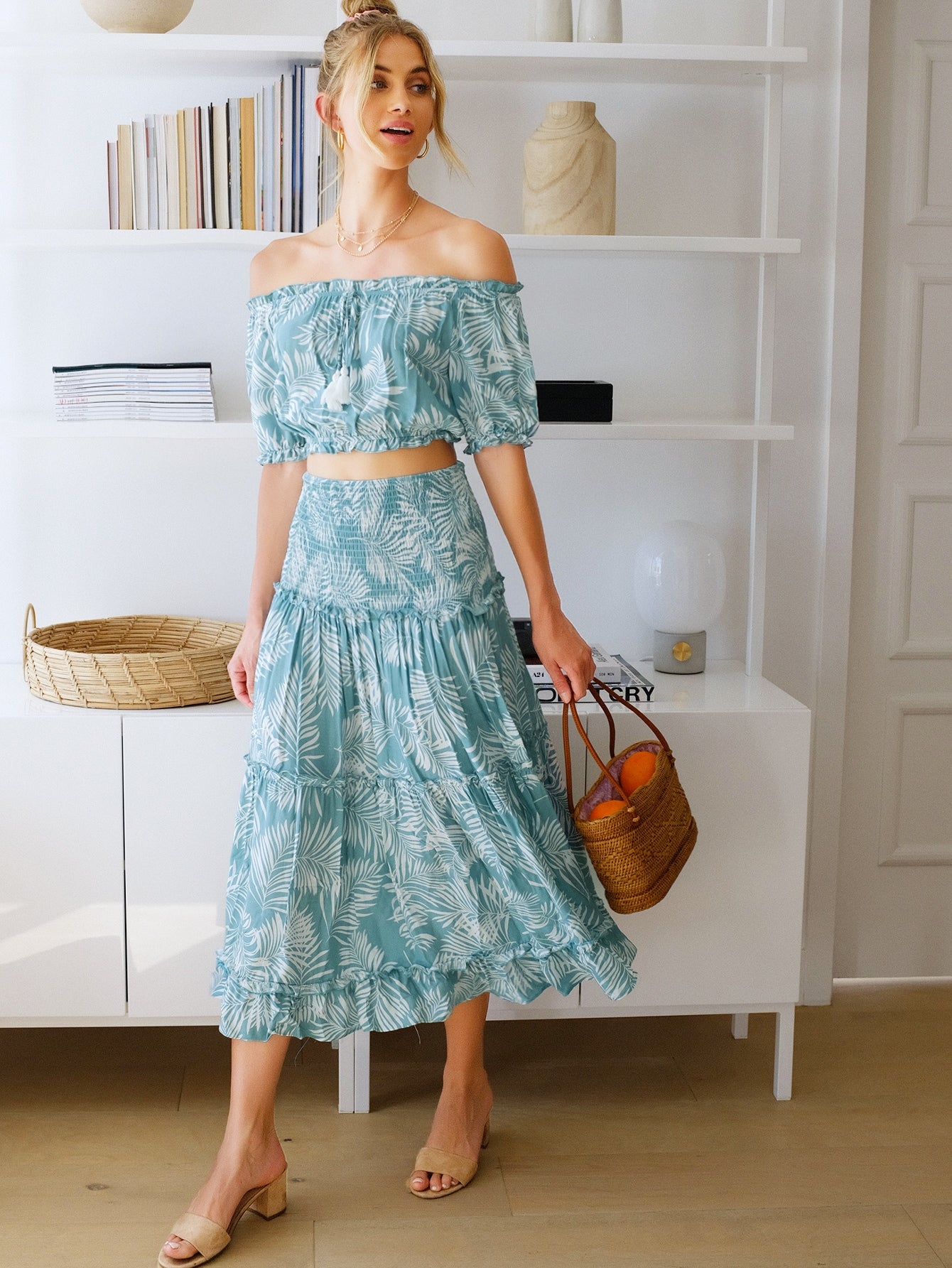 Off Shoulder Tassel Detail Crop Top & Shirred Panel Skirt Set