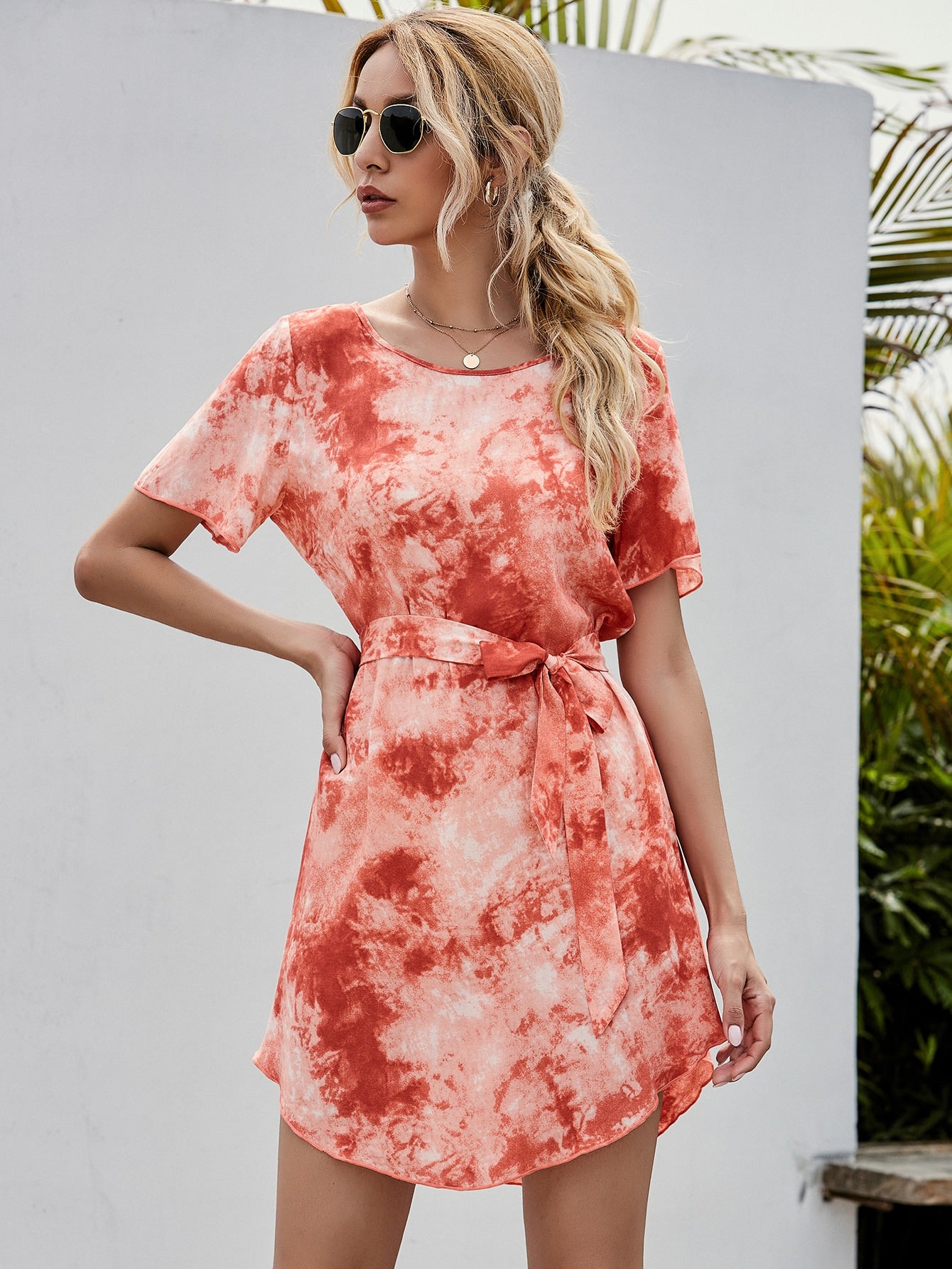 Tie Dye Curved Hem Belted Tunic Dress