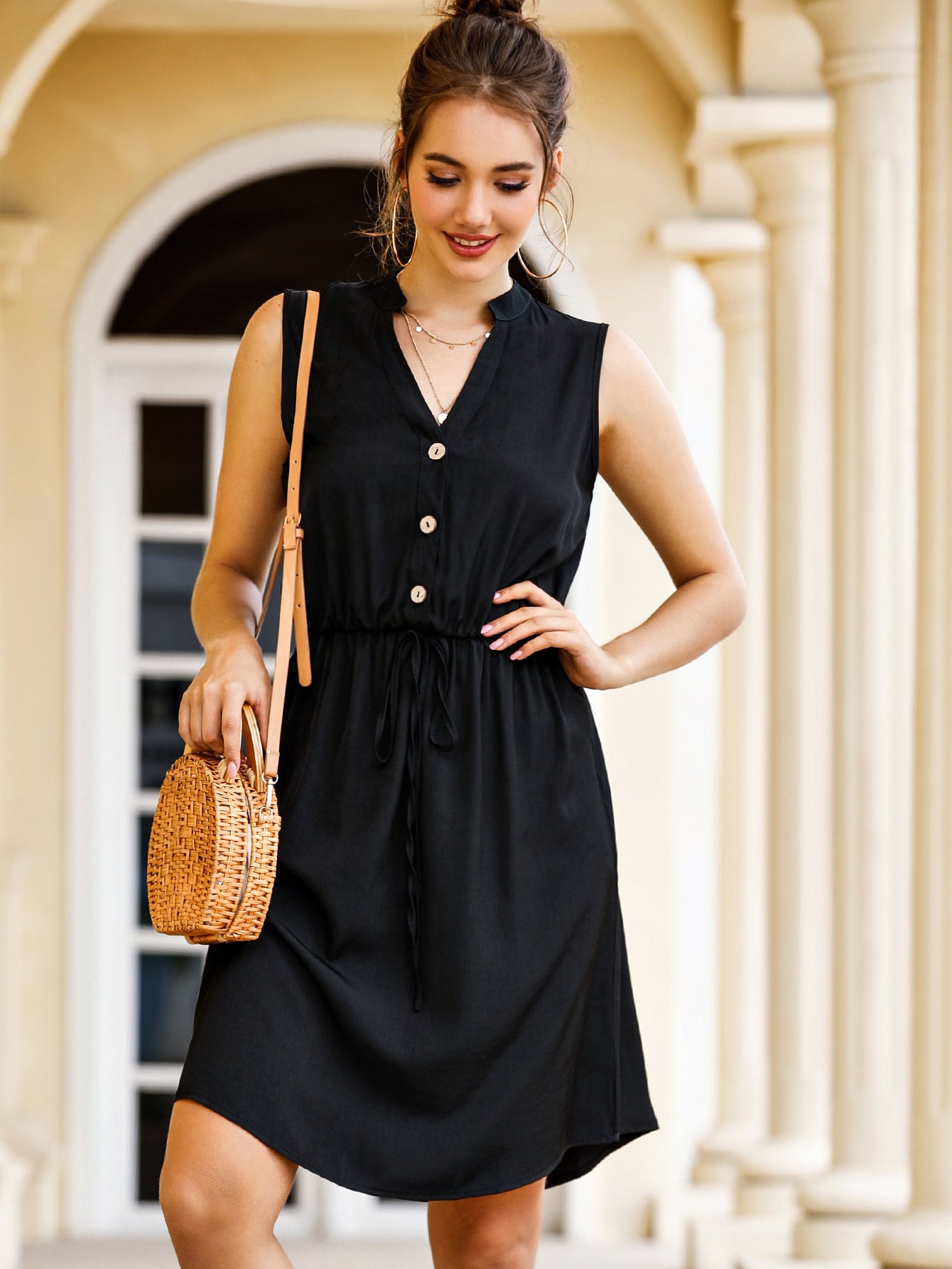 Notched Button Through Tie Front Shirt Dress