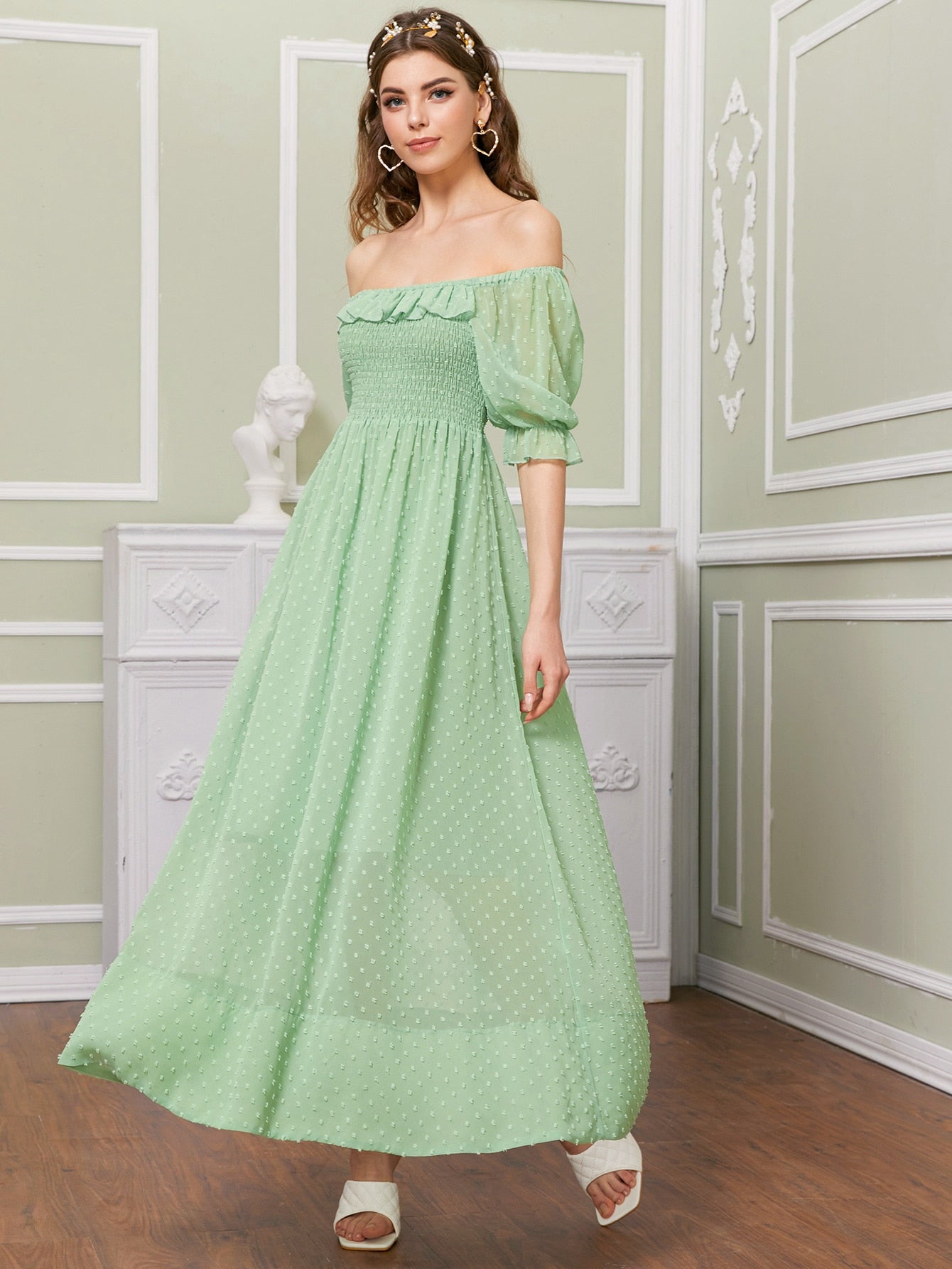 Chiffon Swiss Dot Shirred Bardot Flowy Dress