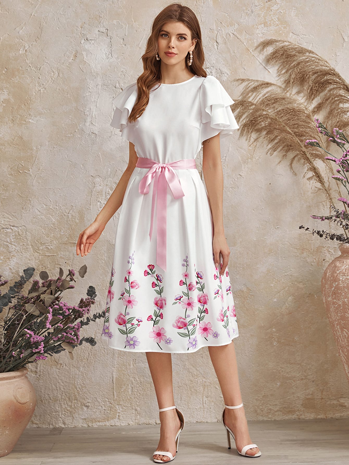 Layered Flutter Sleeve Floral Print Belted Dress