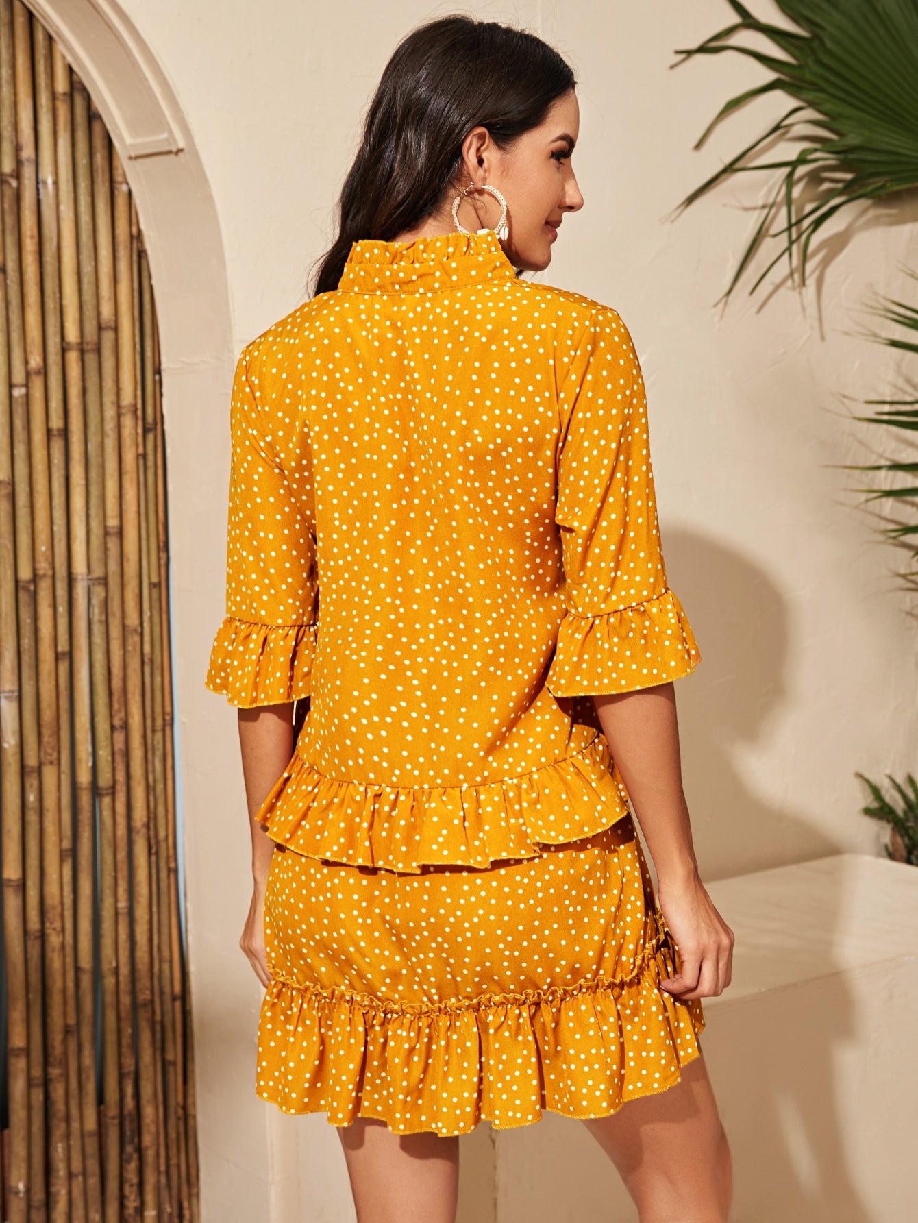 Polka Dot Notched Neck Ruffle Babydoll Dress