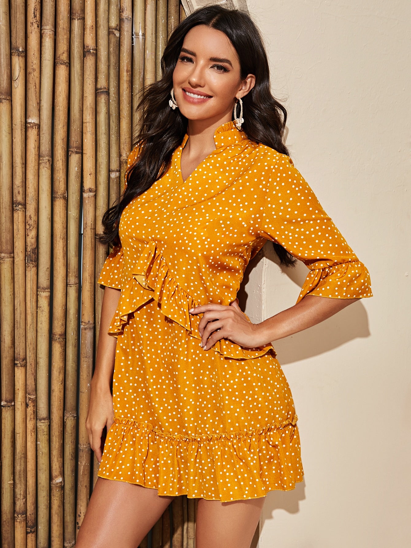 Polka Dot Notched Neck Ruffle Babydoll Dress