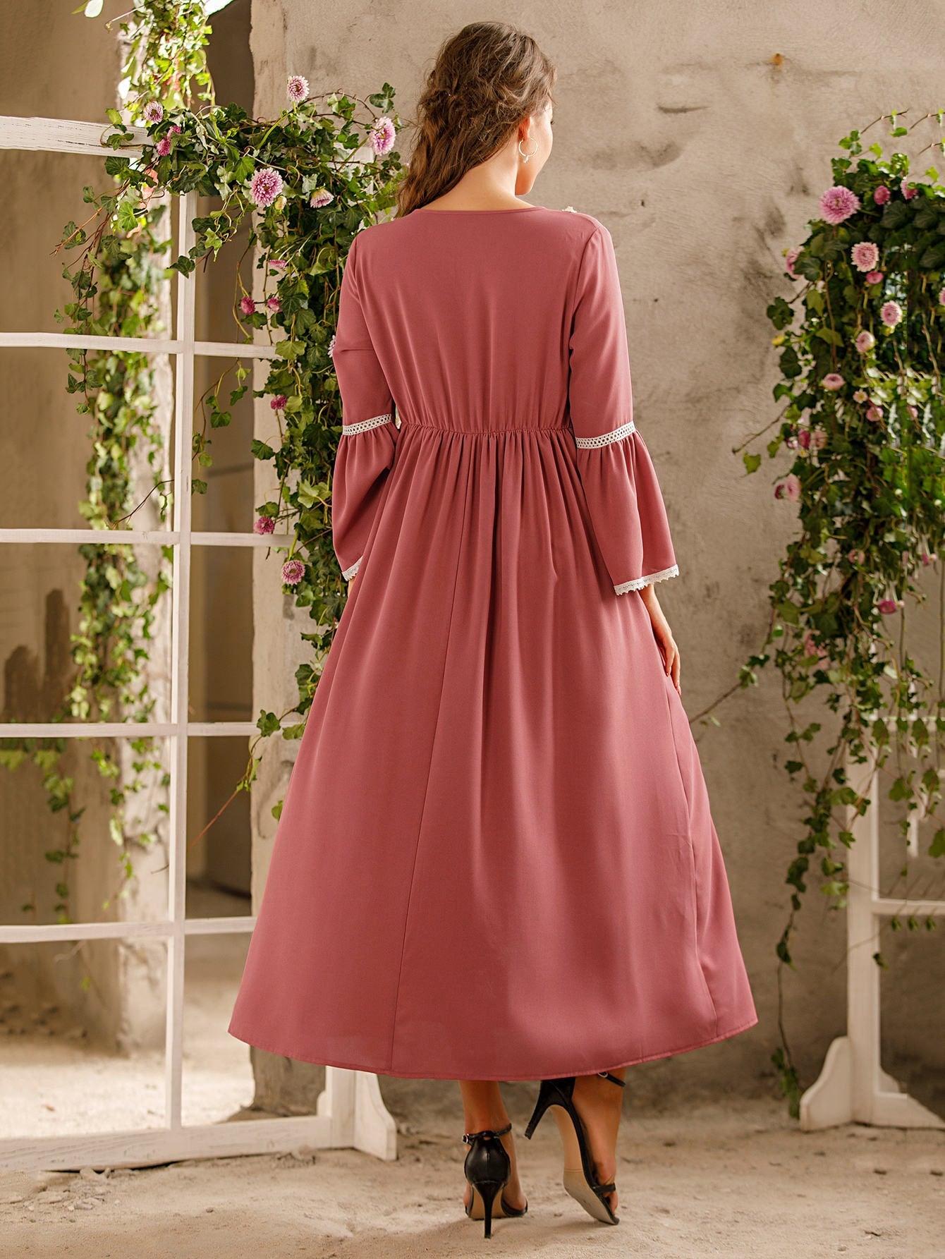 Contrast Lace Notched Neck Dress