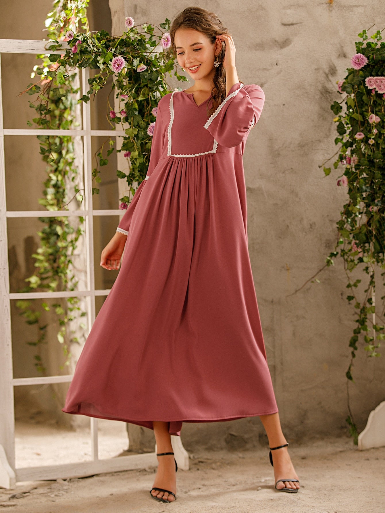 Contrast Lace Notched Neck Dress