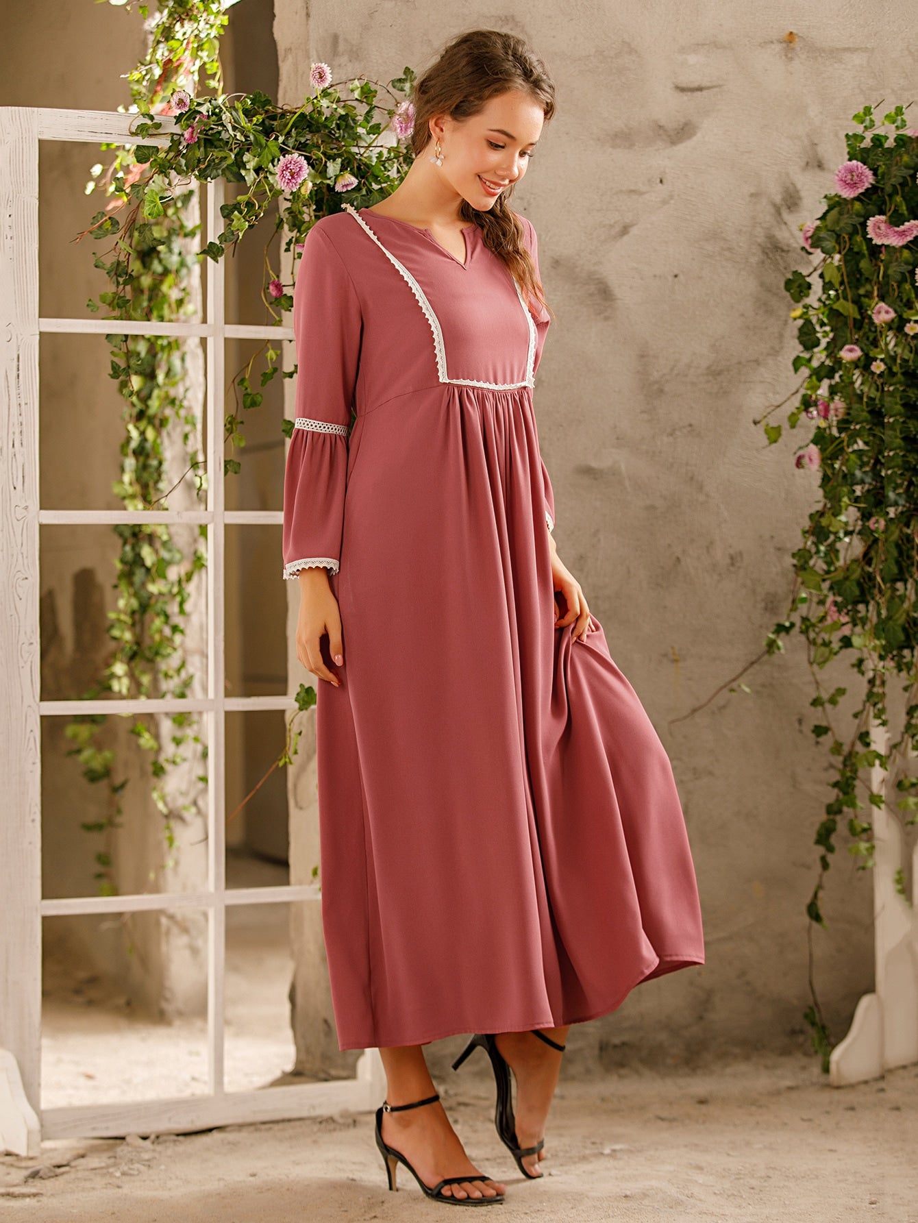 Contrast Lace Notched Neck Dress