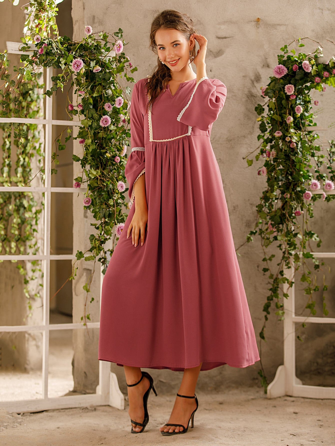Contrast Lace Notched Neck Dress