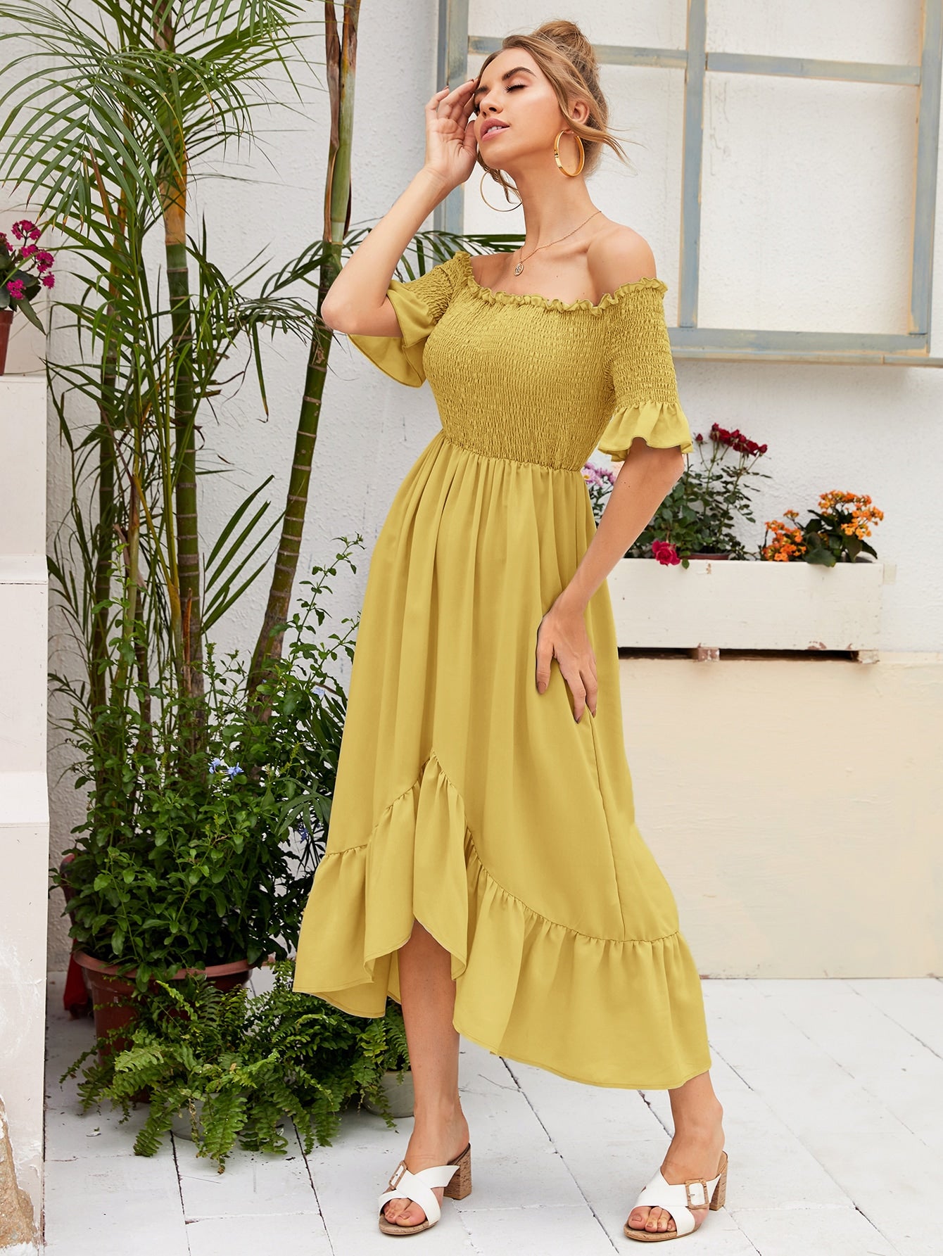 Off Shoulder Shirred Bodice Asymmetrical Ruffle Hem Dress