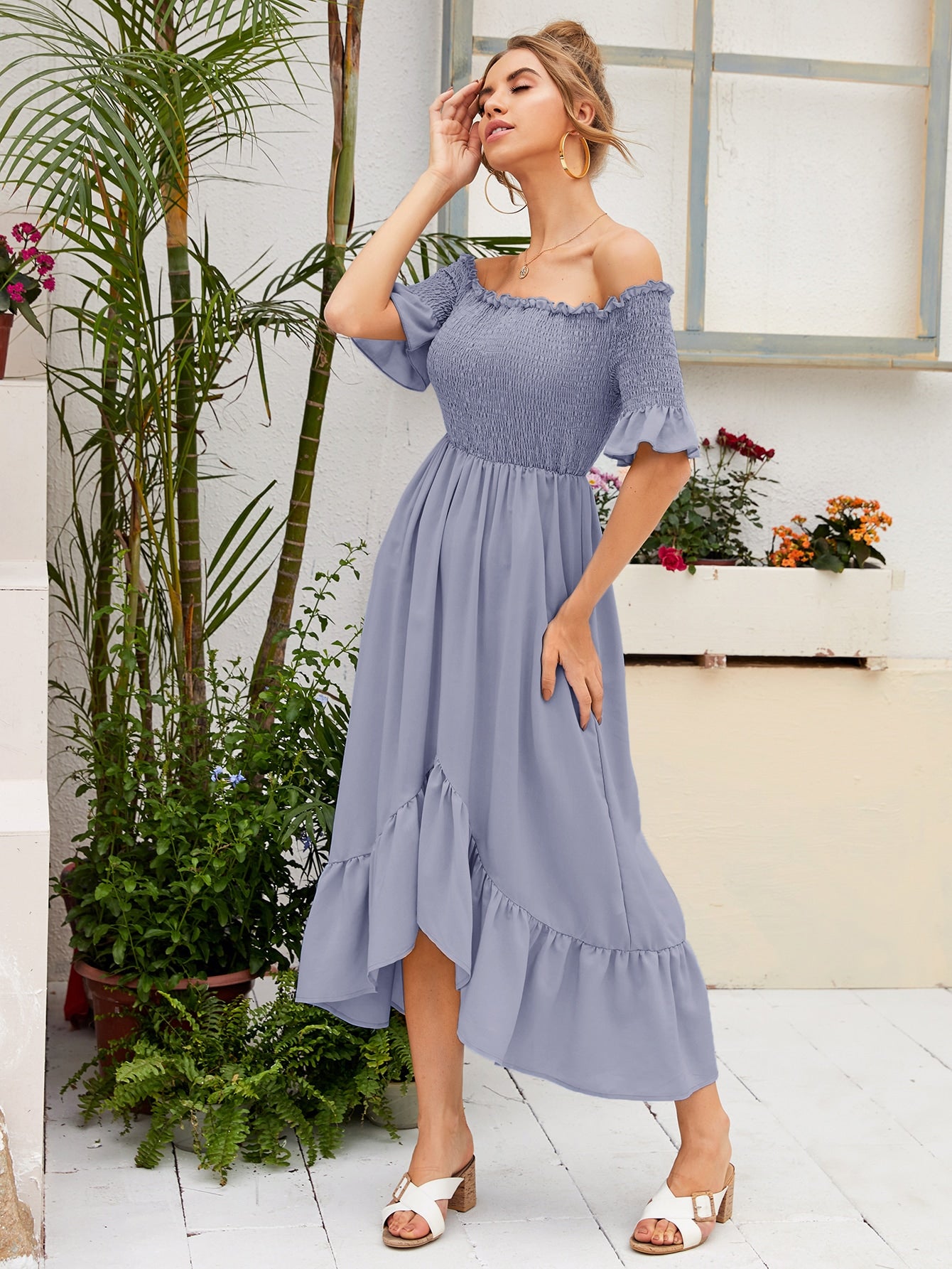 Off Shoulder Shirred Bodice Asymmetrical Ruffle Hem Dress