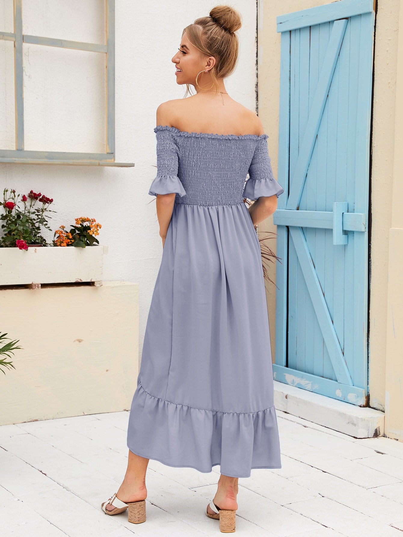 Off Shoulder Shirred Bodice Asymmetrical Ruffle Hem Dress