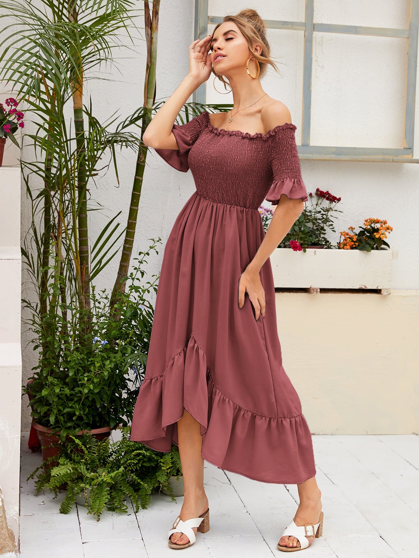Off Shoulder Shirred Bodice Asymmetrical Ruffle Hem Dress