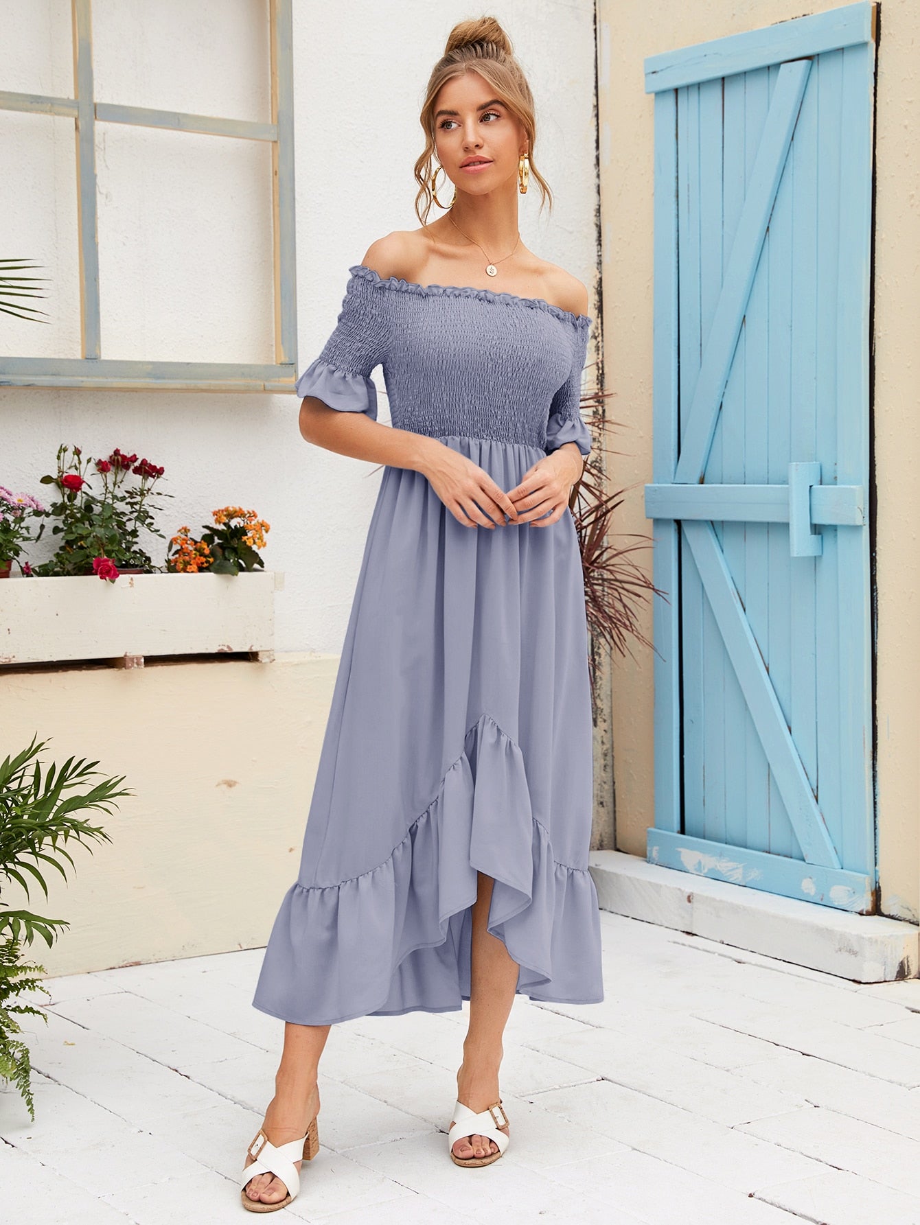 Off Shoulder Shirred Bodice Asymmetrical Ruffle Hem Dress