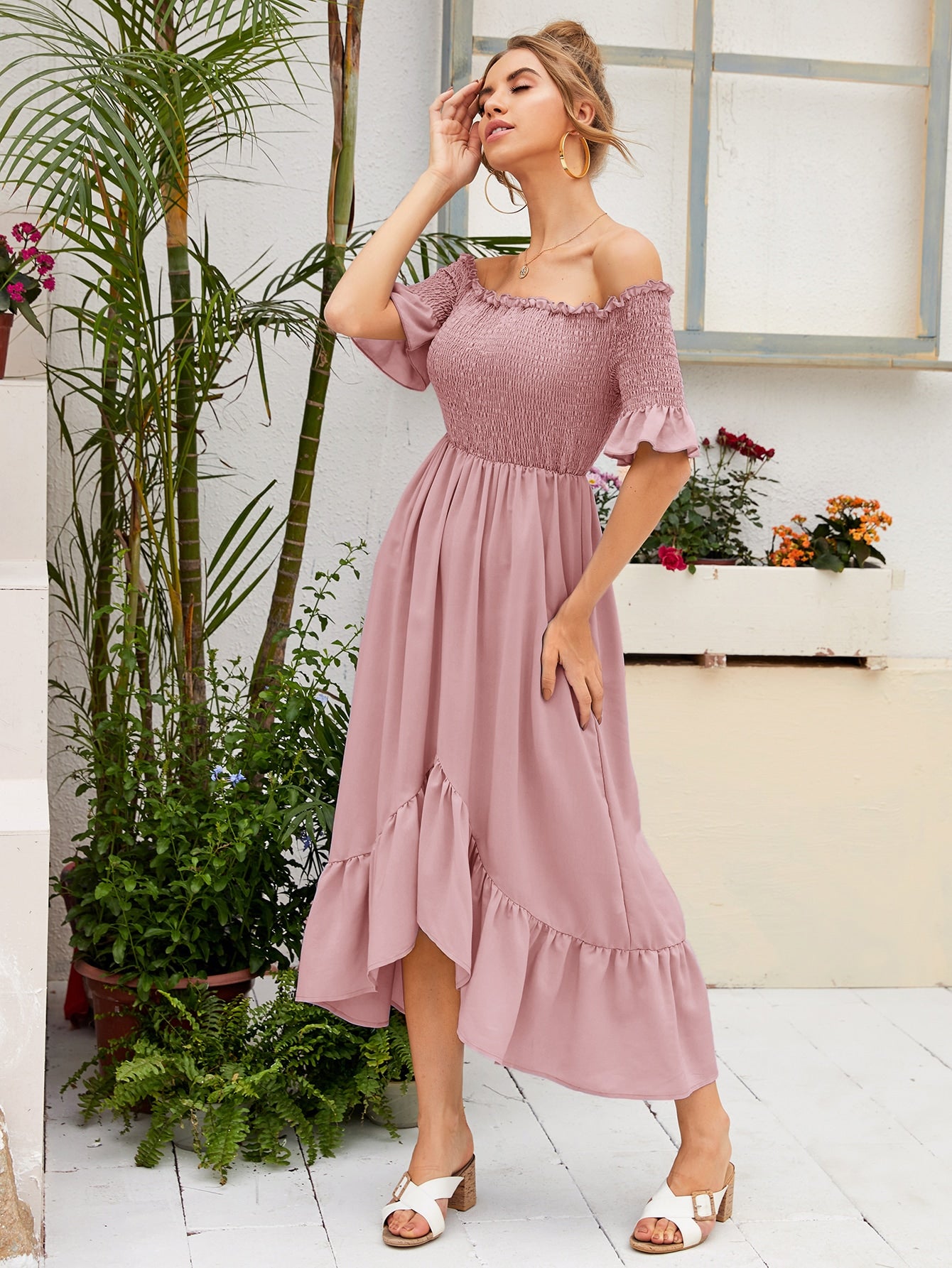 Off Shoulder Shirred Bodice Asymmetrical Ruffle Hem Dress