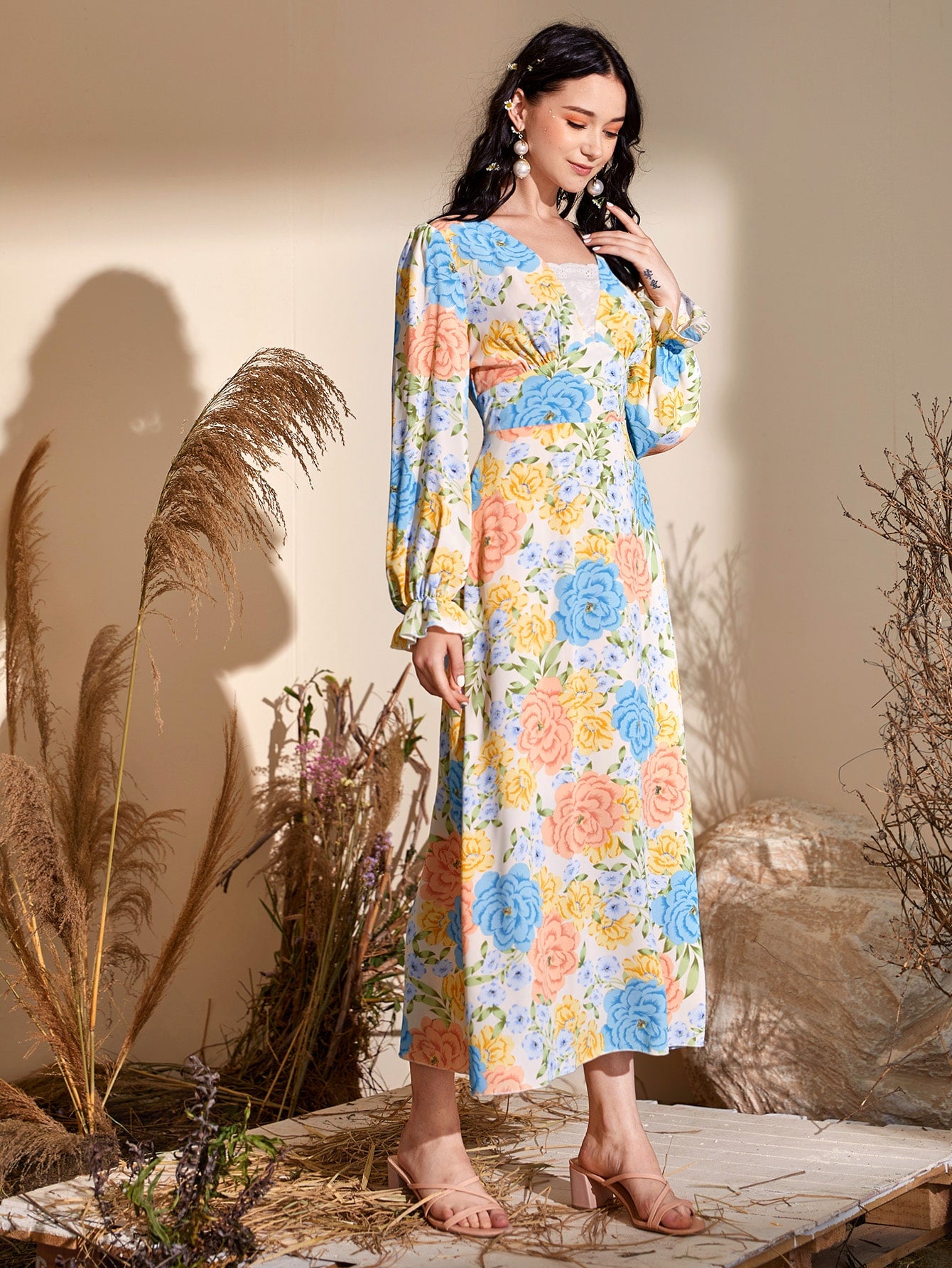 Allover Floral Print Flounce Sleeve Dress
