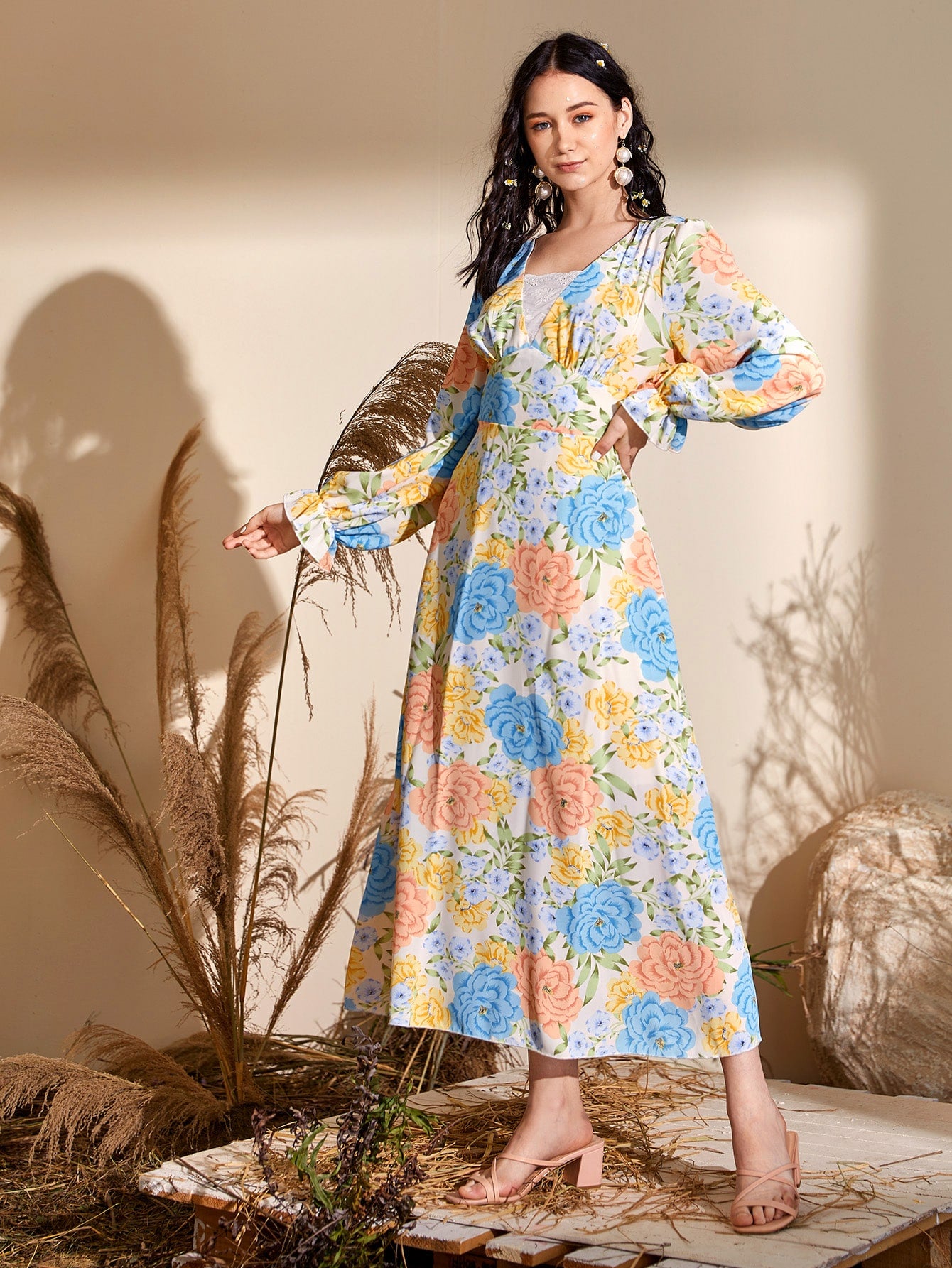 Allover Floral Print Flounce Sleeve Dress