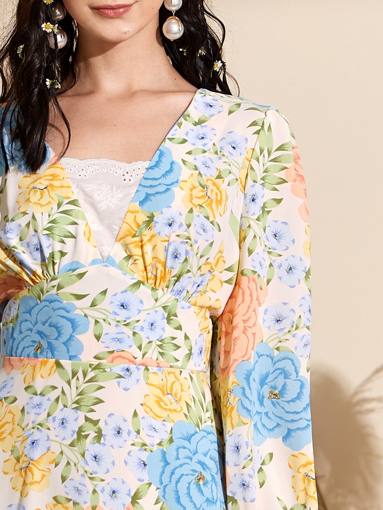 Allover Floral Print Flounce Sleeve Dress