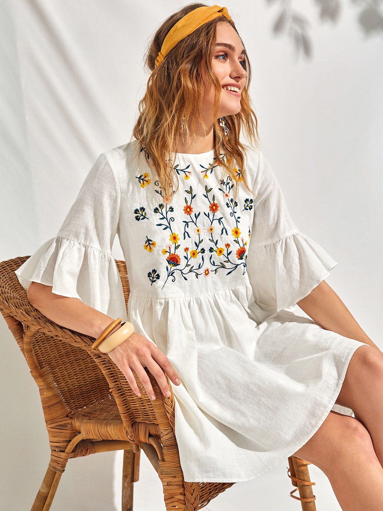 Flounce Sleeve Embroidery Detail Smock Dress