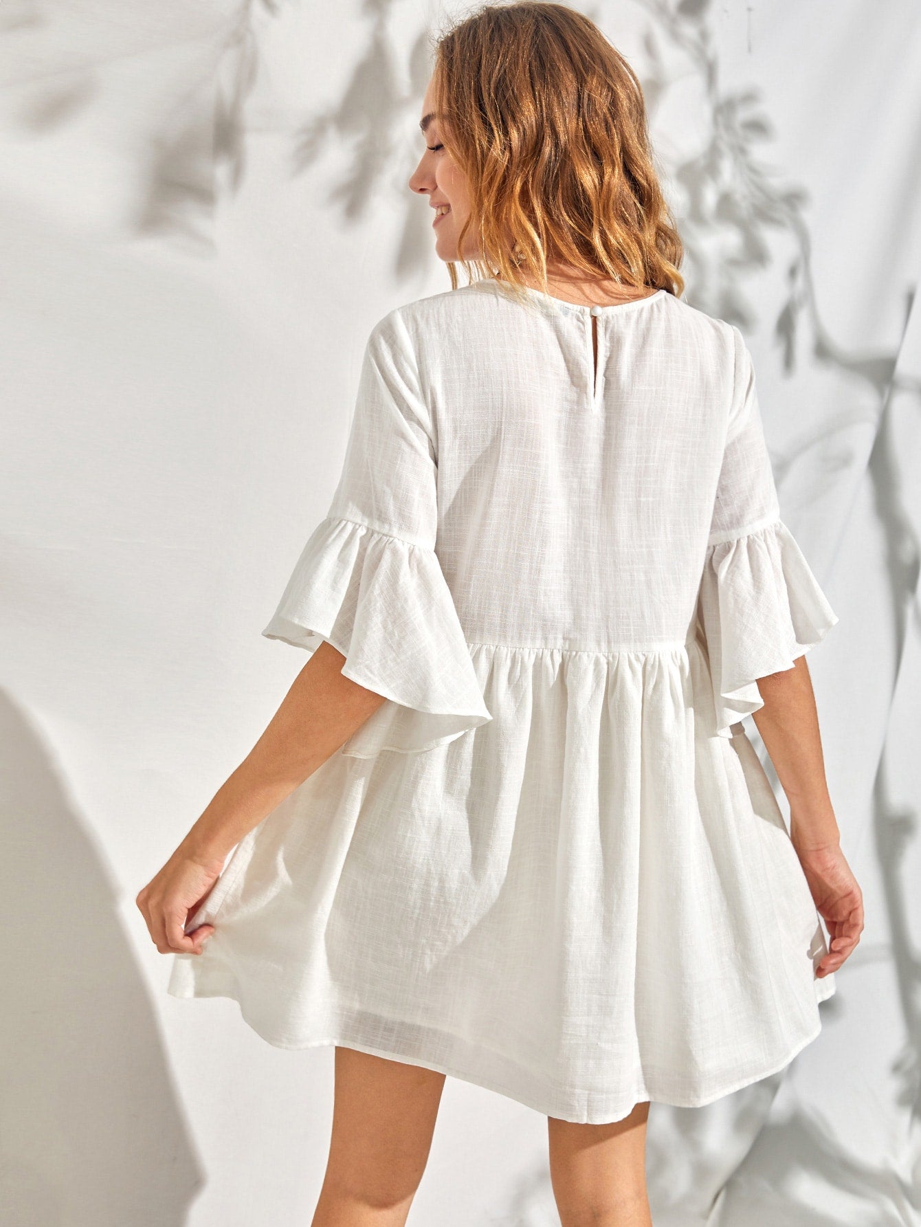 Flounce Sleeve Embroidery Detail Smock Dress